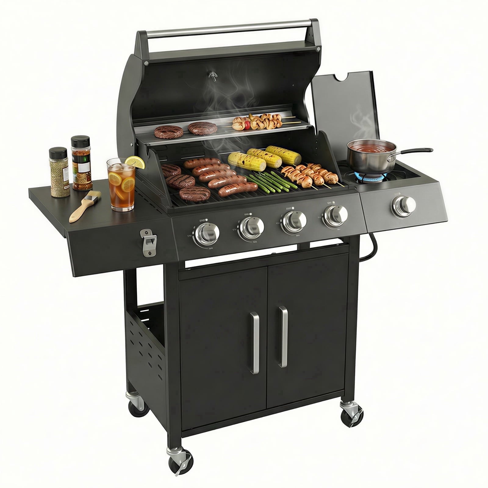 TABU 4-Burner Propane Gas Grill with Side Burner, 58,000 BTU Propane BBQ Grill with Storage Cabinet, Ideal for Outdoor Cooking TABU