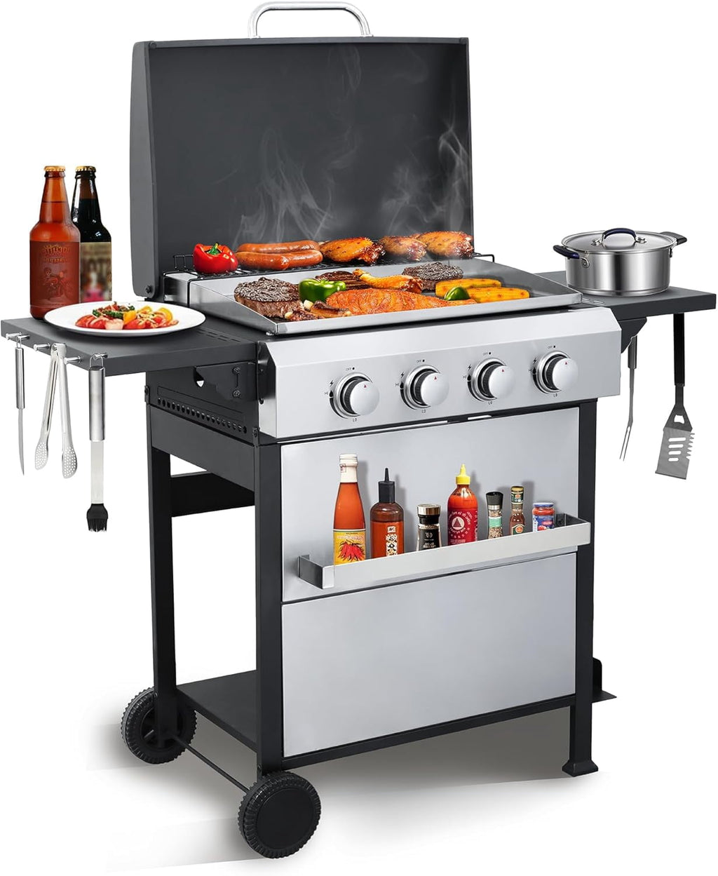 Updated 4 Burner Propane Gas Grill with Lid & Foldable Side Tables, 49200 BTU Outdoor BBQ Grill for Backyard - Stainless Steel Plancha & Cast Iron Cooking Grids Combo Unbranded
