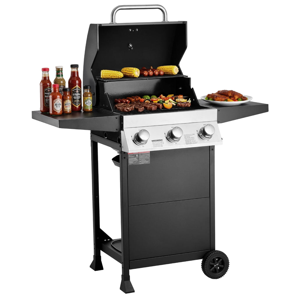 VEVOR Gas Grill, 3 Burner Propane Gas Grill with Spacious 338 SQ.In Grilling Area, Carbon Steel Enamel Grates, Outdoor 36,000 BTU Patio Garden BBQ Grills with Foldable Side Shelves, Carbon Steel VEVOR