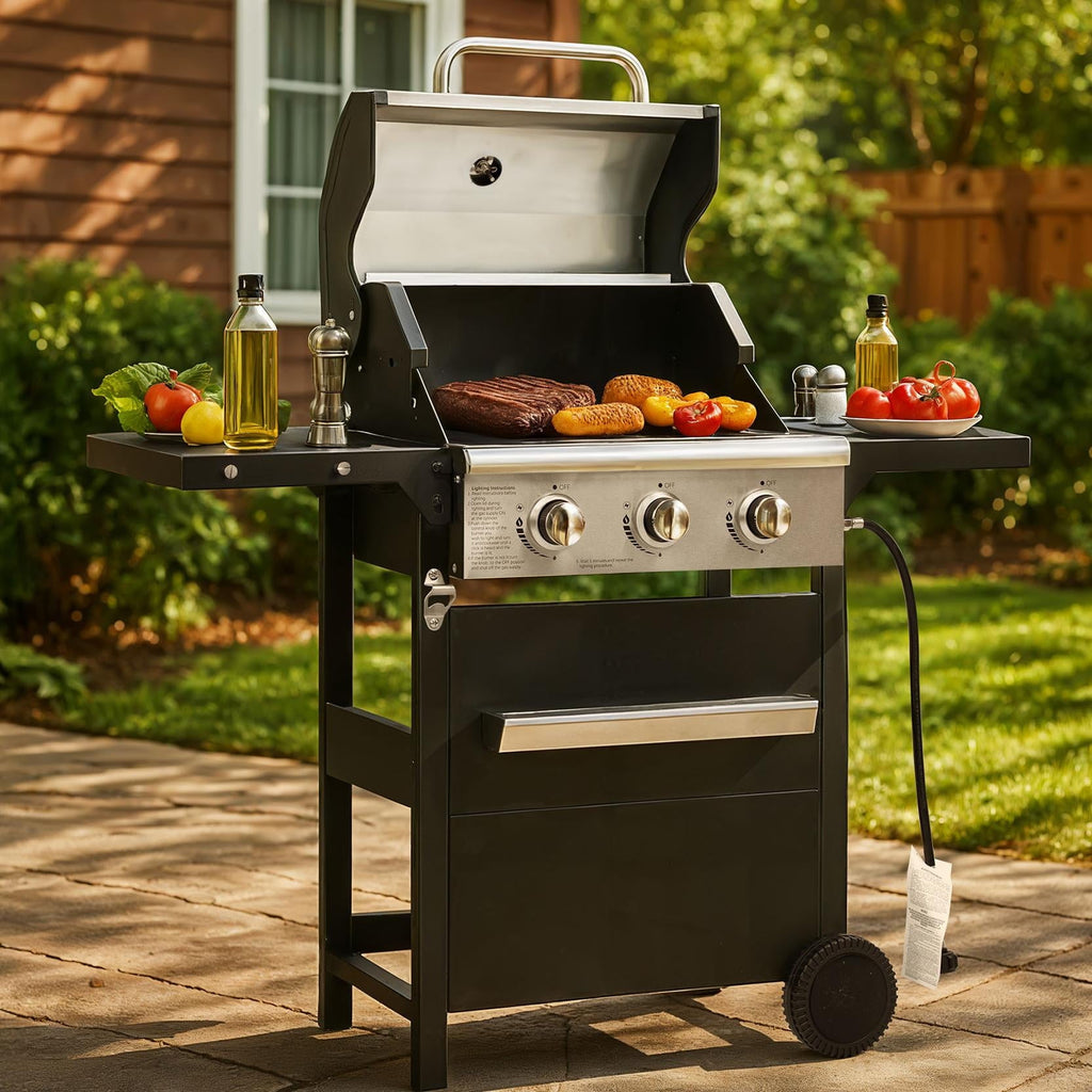 YIORTWO 3 Burner Propane Gas Grill with Cover, 27,000 BTU Outdoor BBQ with Stainless Steel Lid & Storage Cabinet, Portable for Patio & Camping Gas Grills