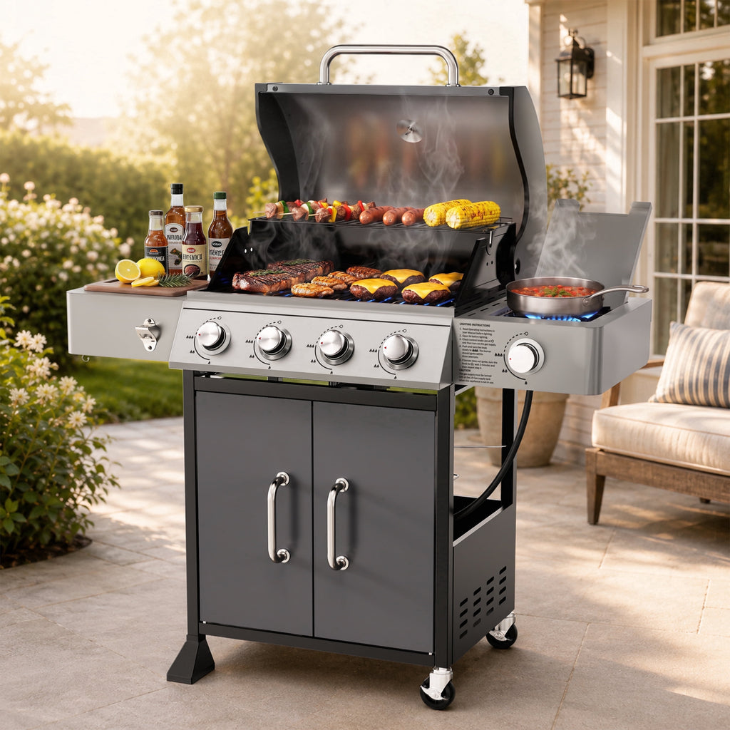 4-Burner Propane Gas Grill with Side Burner, 51,000 BTU Outdoor BBQ Grill with Porcelain-Enameled Grates, Warming Rack, Side Tables, Bottle Opener, Thermometer and Wheels for Patio Backyard Cooking Gas Grills