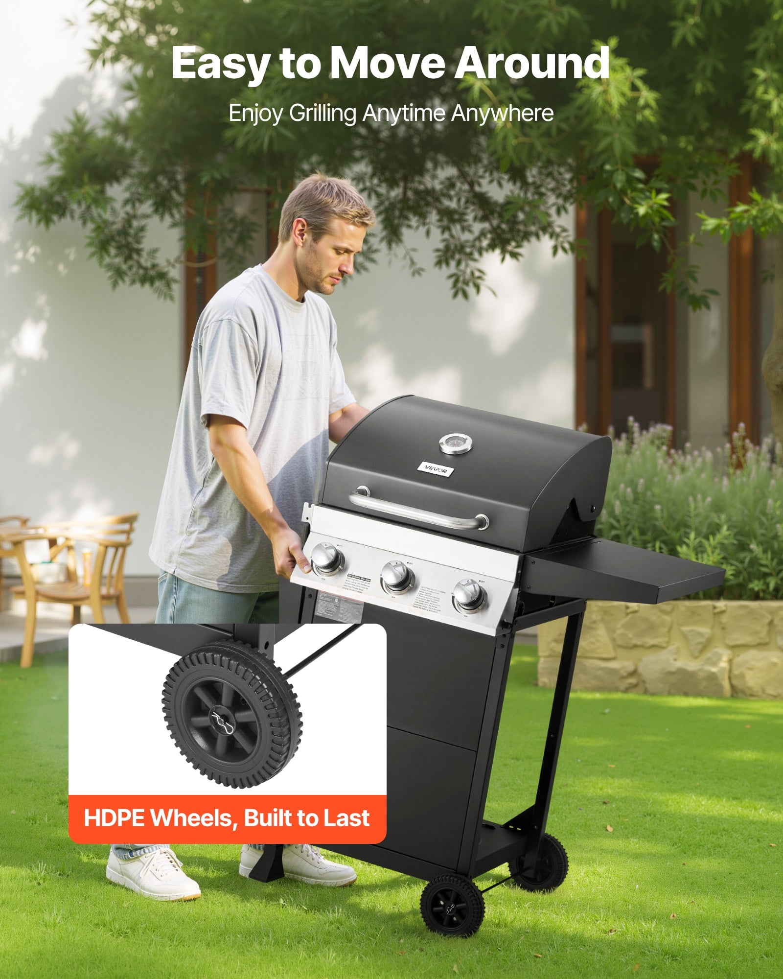 VEVOR Gas Grill, 3 Burner Propane Gas Grill with Spacious 338 SQ.In Grilling Area, Carbon Steel Enamel Grates, Outdoor 36,000 BTU Patio Garden BBQ Grills with Foldable Side Shelves, Carbon Steel VEVOR