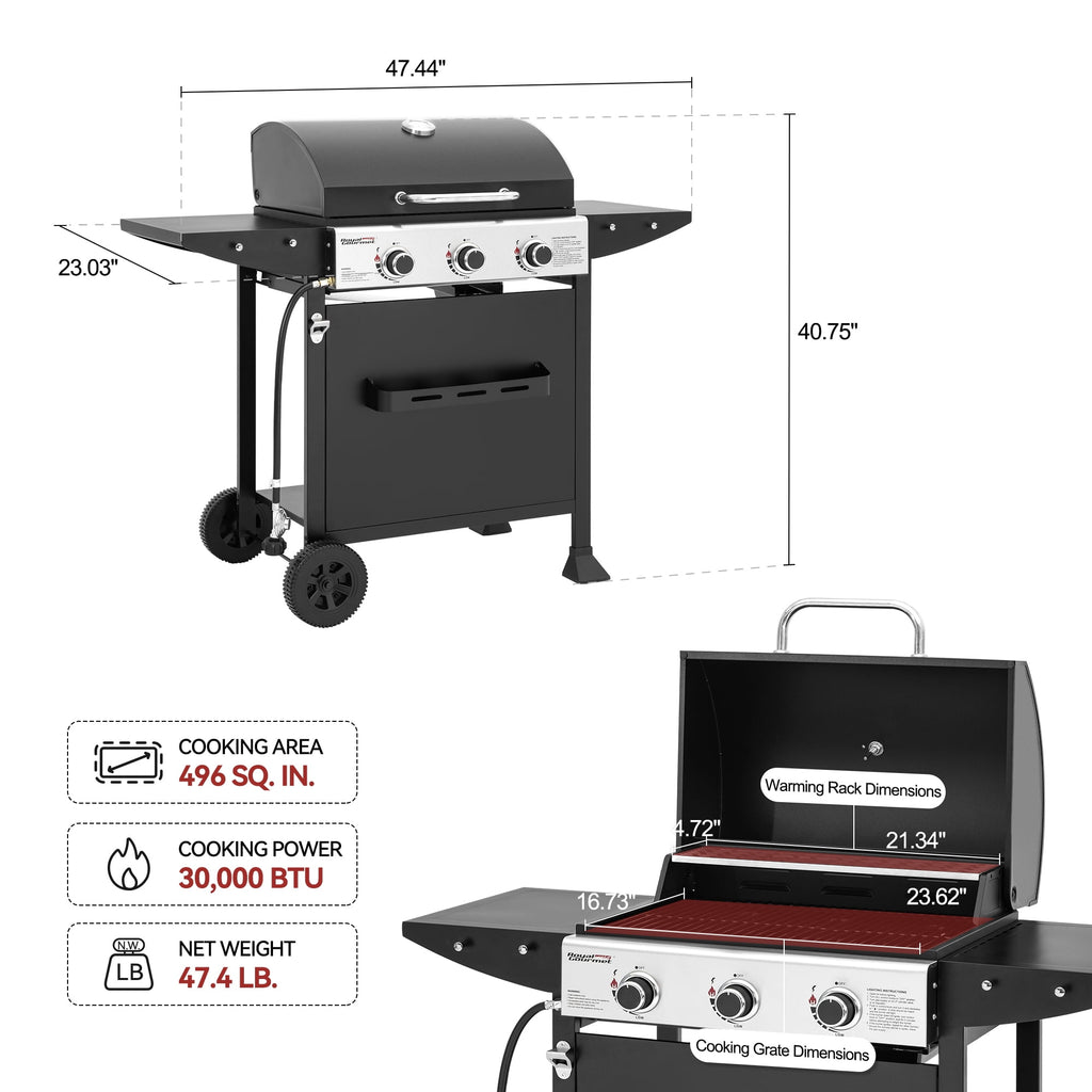 Royal Gourmet 3-Burner BBQ Gas Grill with Front Spice Rack, Two Side Shelves and Hooks, 30,000 BTU, GH3001H Royal Gourmet