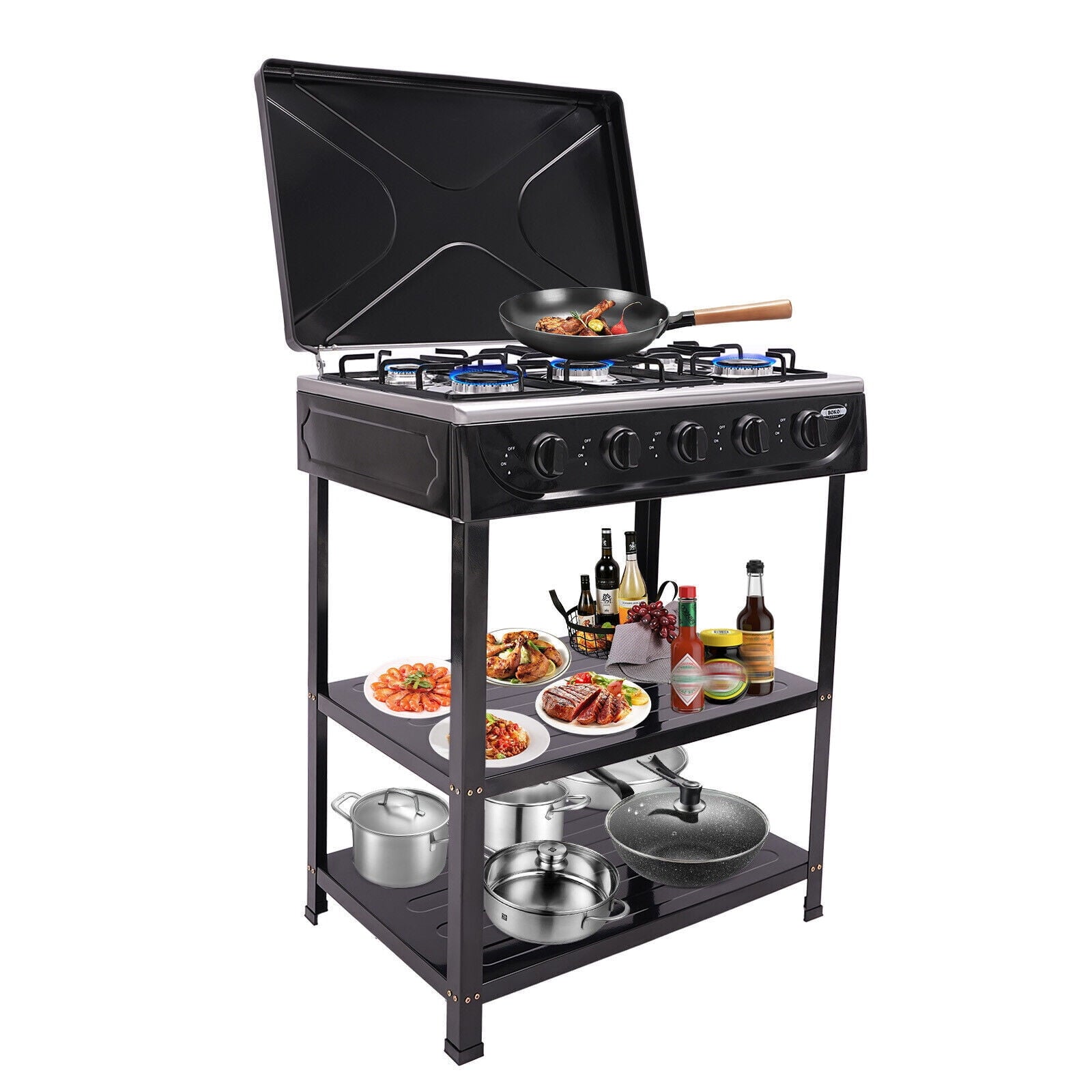 5-Burner Gas Stove Outdoor Camping Cooking BBQ Grill with 2-Tier Storage Rack Unbranded