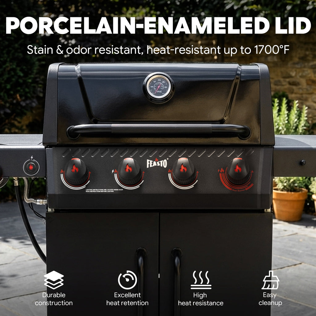 Feasto 4-Burner Propane Gas Grill with Side Sear Burner, 49500 BTU, 563 Sq.In., Cabinet Storage Gas Grills