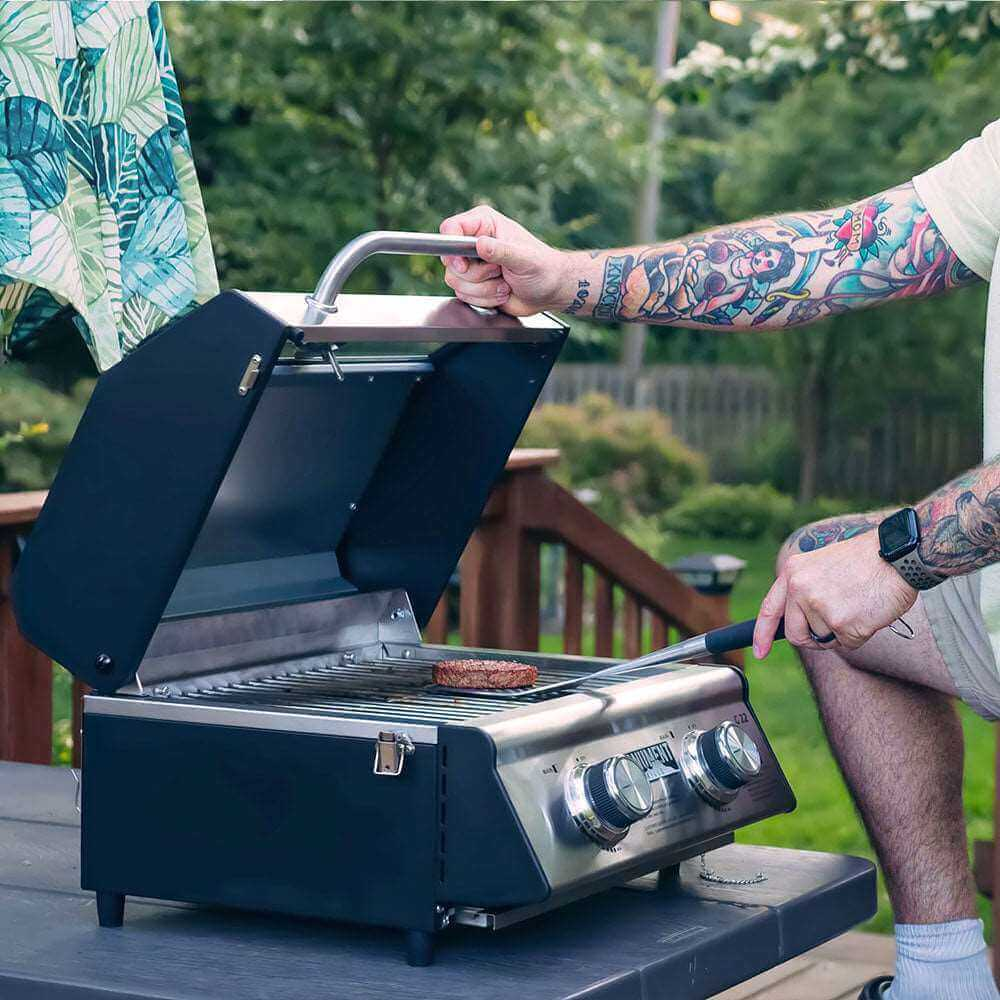 Monument Grills Portable 2-Burner Tabletop Propane Gas Grill with Locking Clearview Lid, Stainless Steel Monument Grills