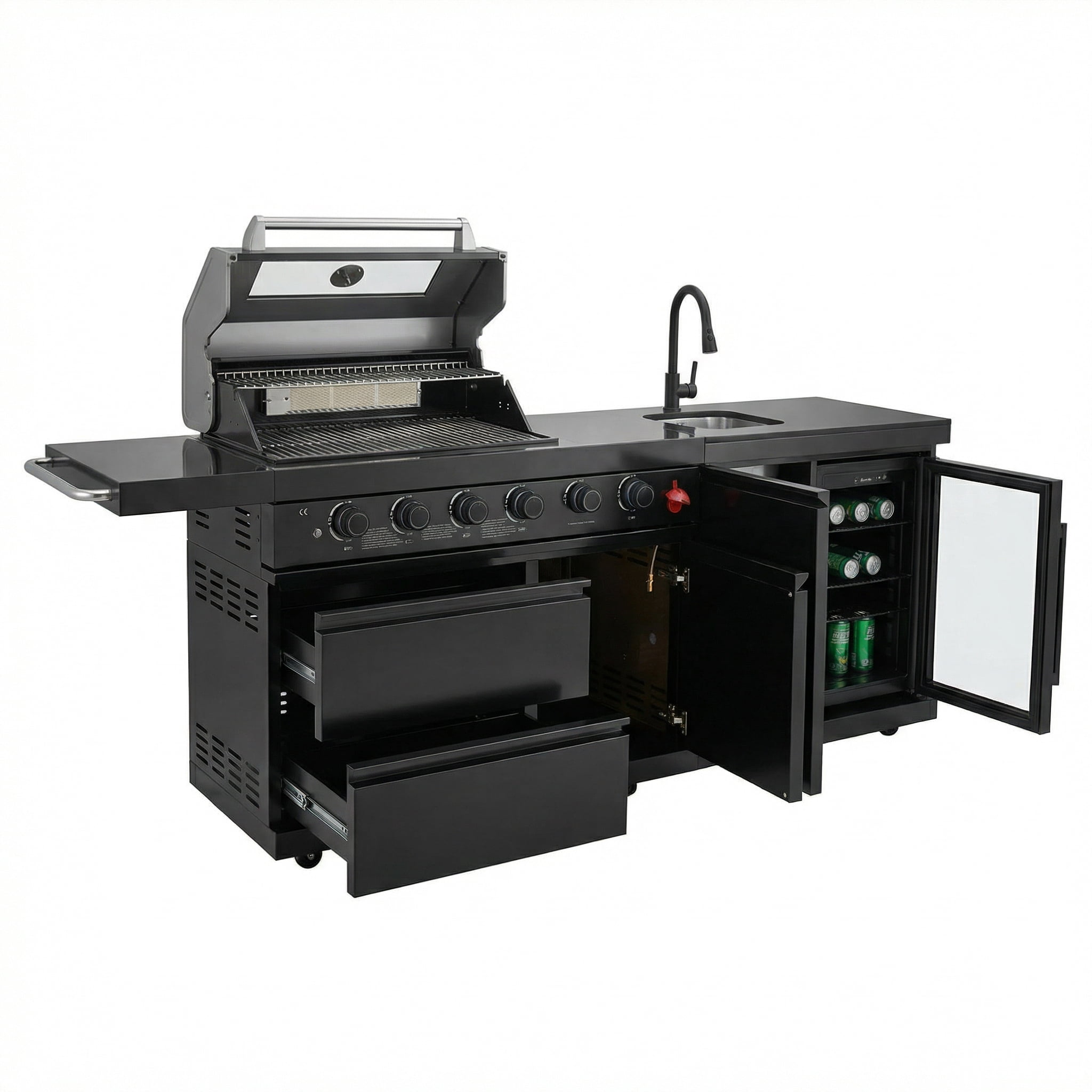 84 Deluxe Outdoor Kitchen Island with 6-Burner Gas Grill (75300 BTU), Premium SS304 Stainless Steel BBQ Station, Black Galaxy Granite Countertop, Dual-Zone Refrigerator, Sink, Rotisserie Kit & Cover HomeMindful
