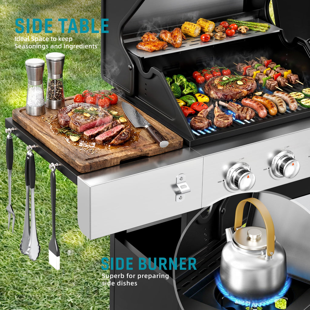Biotree 4 Burner Gas Grill with Side Burner, 50800 BTU Barbecue Grill Propane Stainless Steel BBQ Grill with Porcelain-Enameled Cast Iron Grates for Outdoor Cooking Gas Grills
