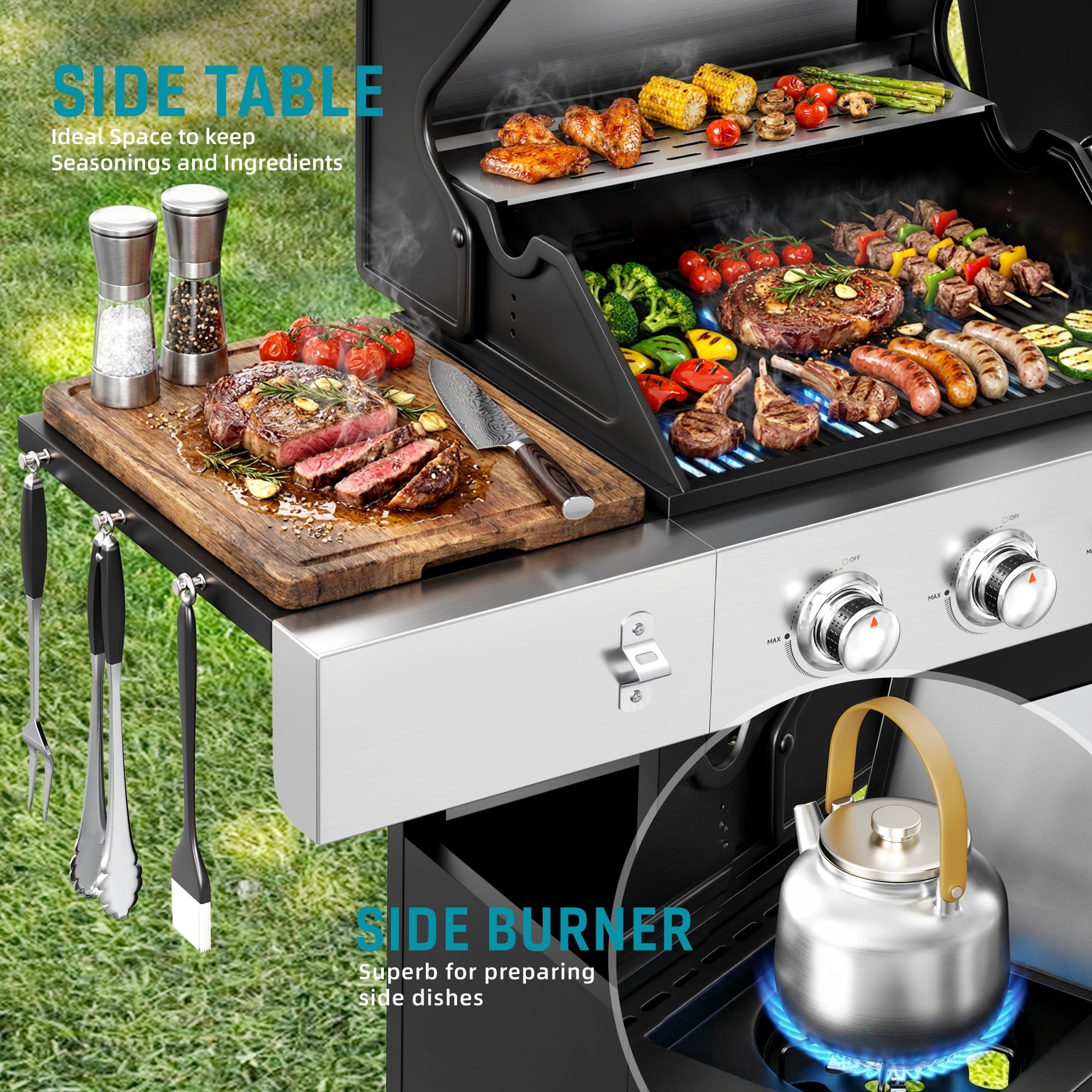 Biotree 4 Burner Gas Grill with Side Burner, 50800 BTU Barbecue Grill Propane Stainless Steel BBQ Grill with Porcelain-Enameled Cast Iron Grates for Outdoor Cooking Gas Grills