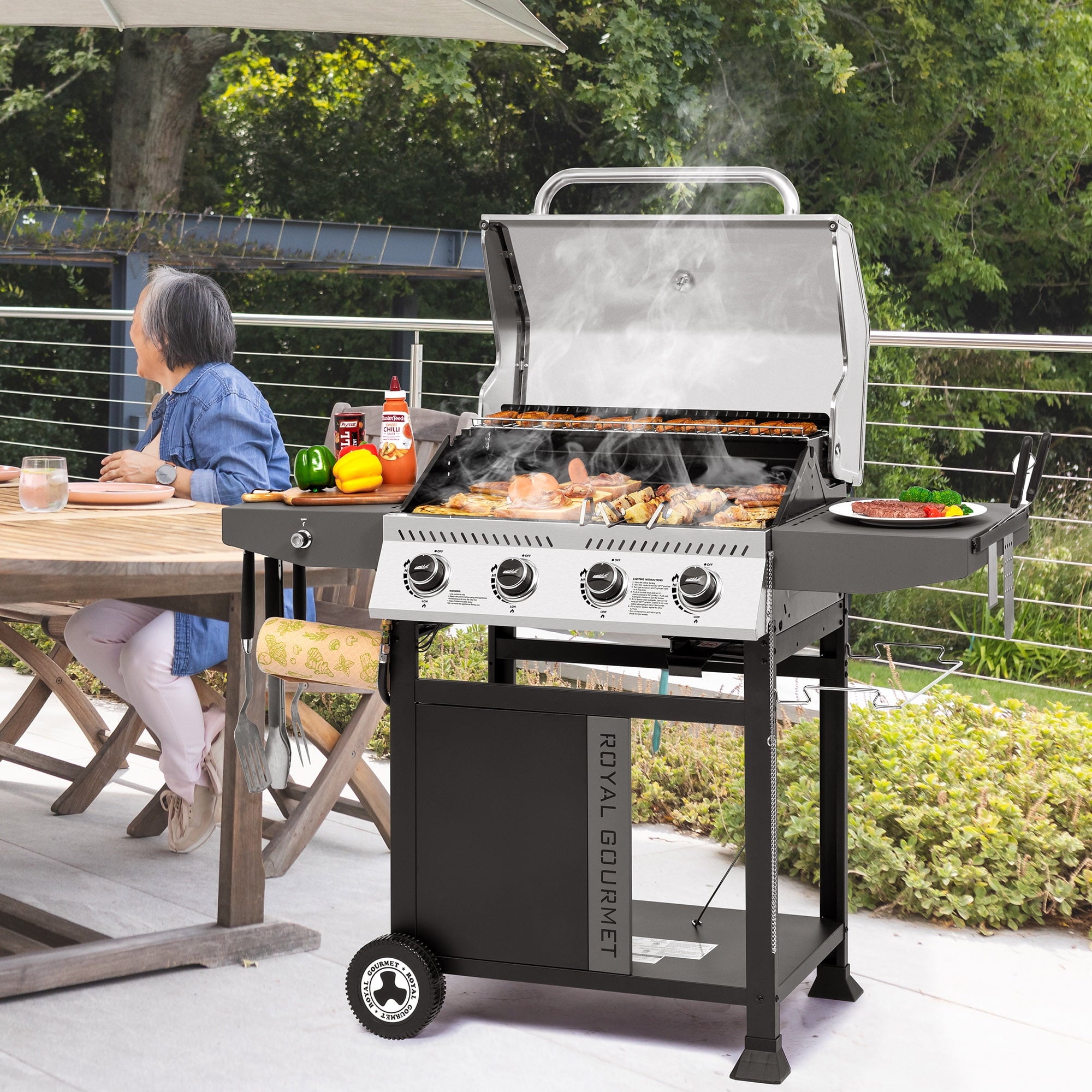 Royal Gourmet GA4405TS Premium 4-Burner Gas Grill with Side Shelves, 40,000 BTU Propane Grill with Stainless Steel Lid Royal Gourmet
