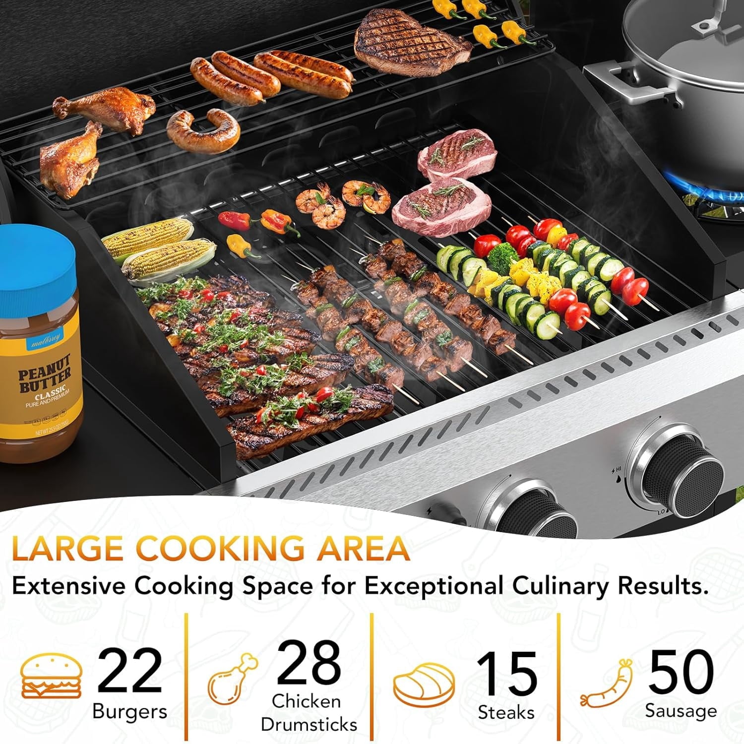 37000 BTU 3-Burner Propane Grill, Stainless Steel BBQ Grill with Side Burner & Porcelain-Enameled Cast Iron Grates for Outdoor Patio Camping WAA