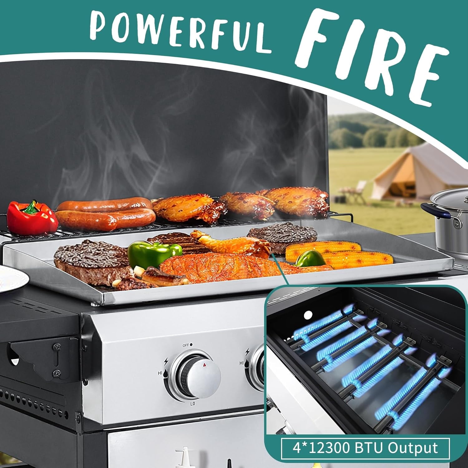 Updated 4 Burner Propane Gas Grill with Lid & Foldable Side Tables, 49200 BTU Outdoor BBQ Grill for Backyard - Stainless Steel Plancha & Cast Iron Cooking Grids Combo Unbranded