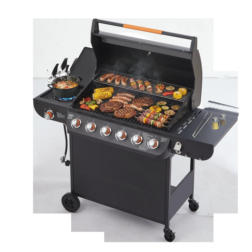 Kadyn 6-Burner Gas Barbecue Grill, 72000 BTU High-Heat Grill with Side Tables, Cast Iron Grates & Side Burner, Outdoor Kitchen, Black Kadyn