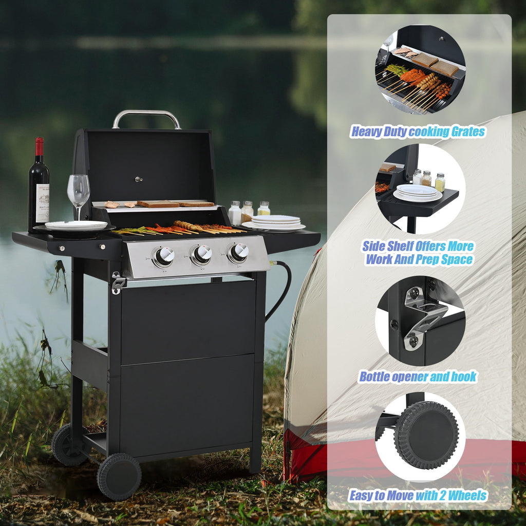 iCapeson 3-Burner Propane Gas Grill, 26,000 BTU Stainless Steel Outdoor BBQ Grill with 2 Side Shelves, Wheels, Thermometer & Bottle Opener for Patio, Garden, and Backyard Barbecue Gas Grills