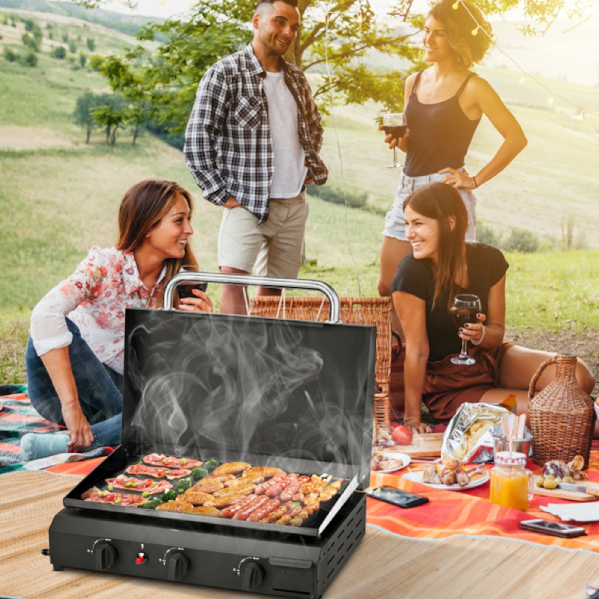 Alvantor 3 Burner Propane Gas Griddle with Ceramic Coated Cast Iron Pan Black 25.8 x 21.3 in Gas Grills