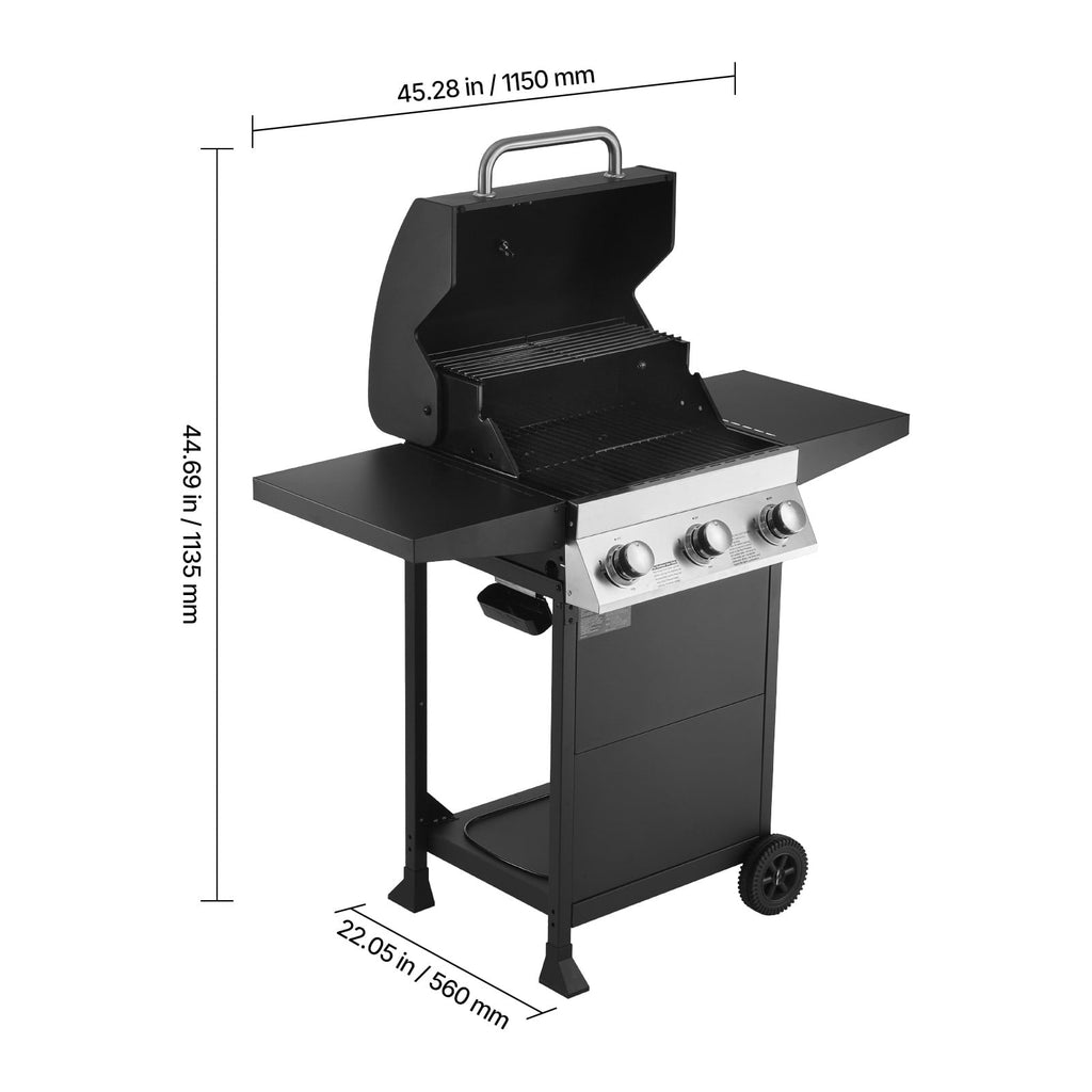 VEVOR Gas Grill, 3 Burner Propane Gas Grill with Spacious 338 SQ.In Grilling Area, Carbon Steel Enamel Grates, Outdoor 36,000 BTU Patio Garden BBQ Grills with Foldable Side Shelves, Carbon Steel VEVOR