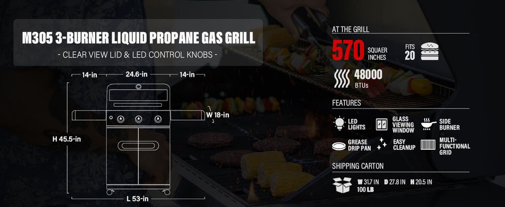 Monument Grills Mesa 3-Burner Propane Gas Grill, Stainless Steel, Clear View Lid, LED Controls Monument Grills