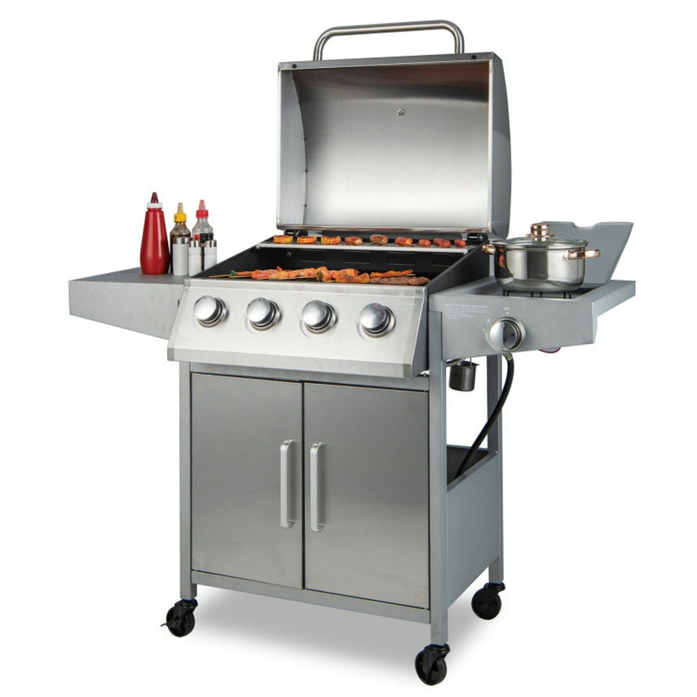 Spaco 50000BTU 5-Burner Propane Gas Grill with Side Burner and 2 Prep Tables-Silver, Camp Stove for Outdoor Cooking Spaco