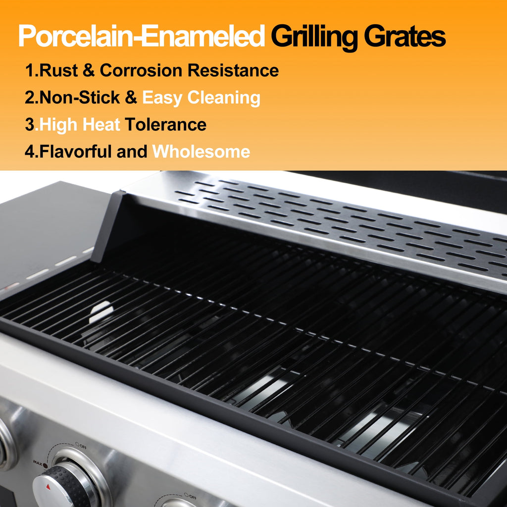 4-Burner Propane Gas Grill – 40,000 BTU Stainless Steel BBQ Grill with Porcelain-Enameled Cooking Grates, Pull-Out Grease Tray & Foldable Side Shelves, Even Heat Distribution Born Free