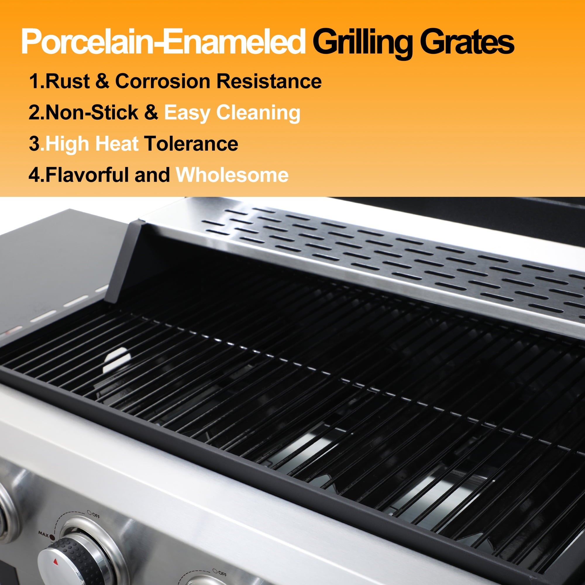 4-Burner Propane Gas Grill – 40,000 BTU Stainless Steel BBQ Grill with Porcelain-Enameled Cooking Grates, Pull-Out Grease Tray & Foldable Side Shelves, Even Heat Distribution Born Free