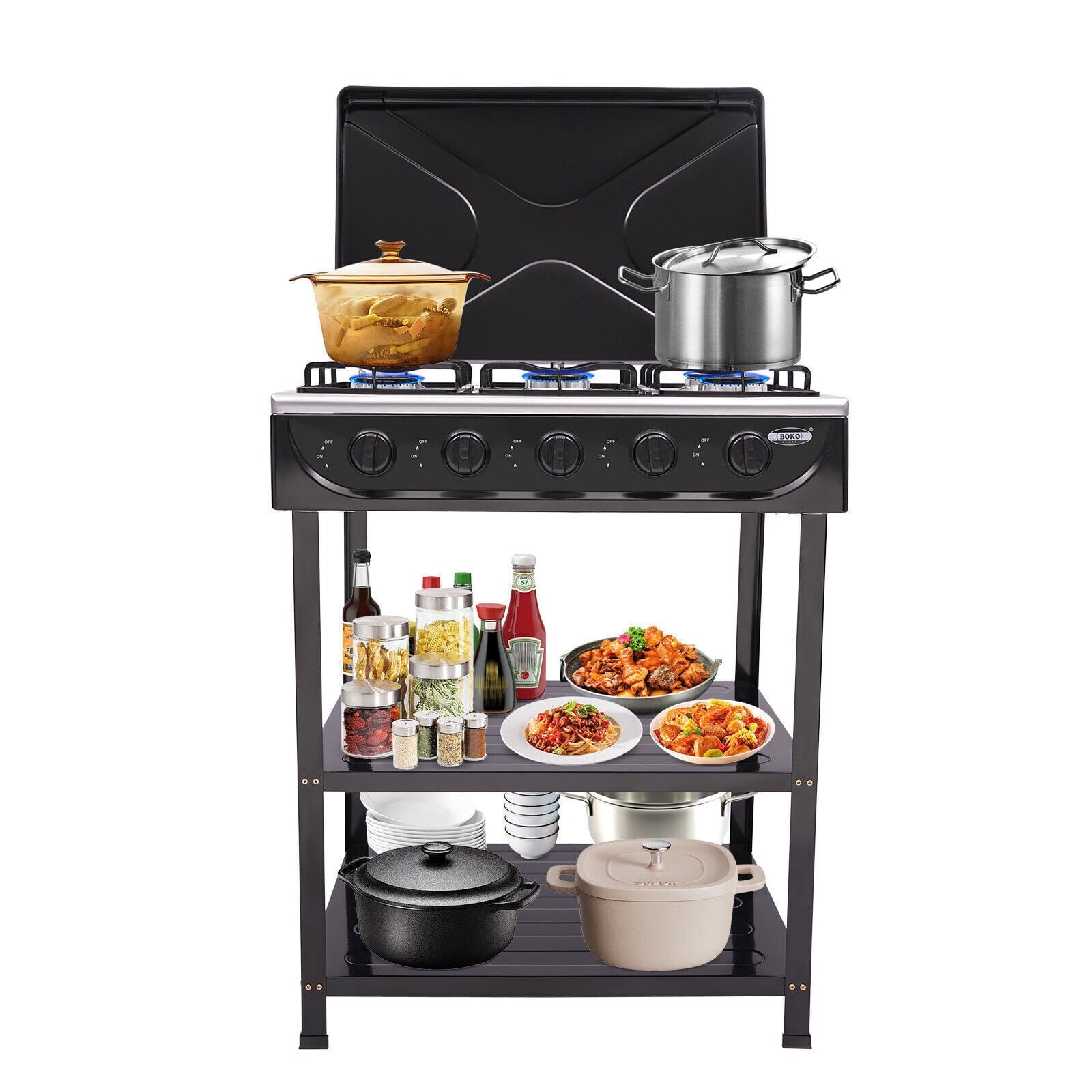 5-Burner Gas Stove Outdoor Camping Cooking BBQ Grill with 2-Tier Storage Rack Unbranded