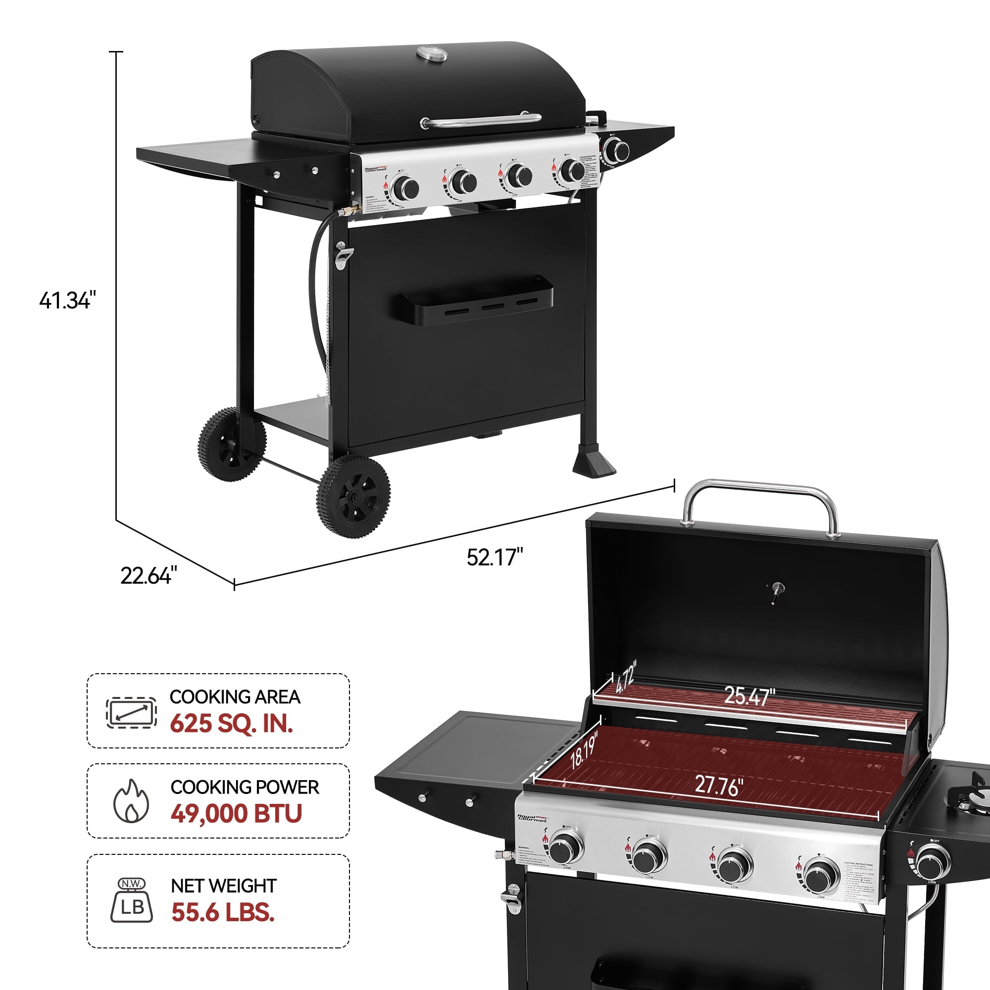Royal Gourmet GH4001H 4-Burner Gas Grill with Side Burner, Cart Style with Front Board, for Outdoor, Patio, Backyard and Balcony, Black Royal Gourmet