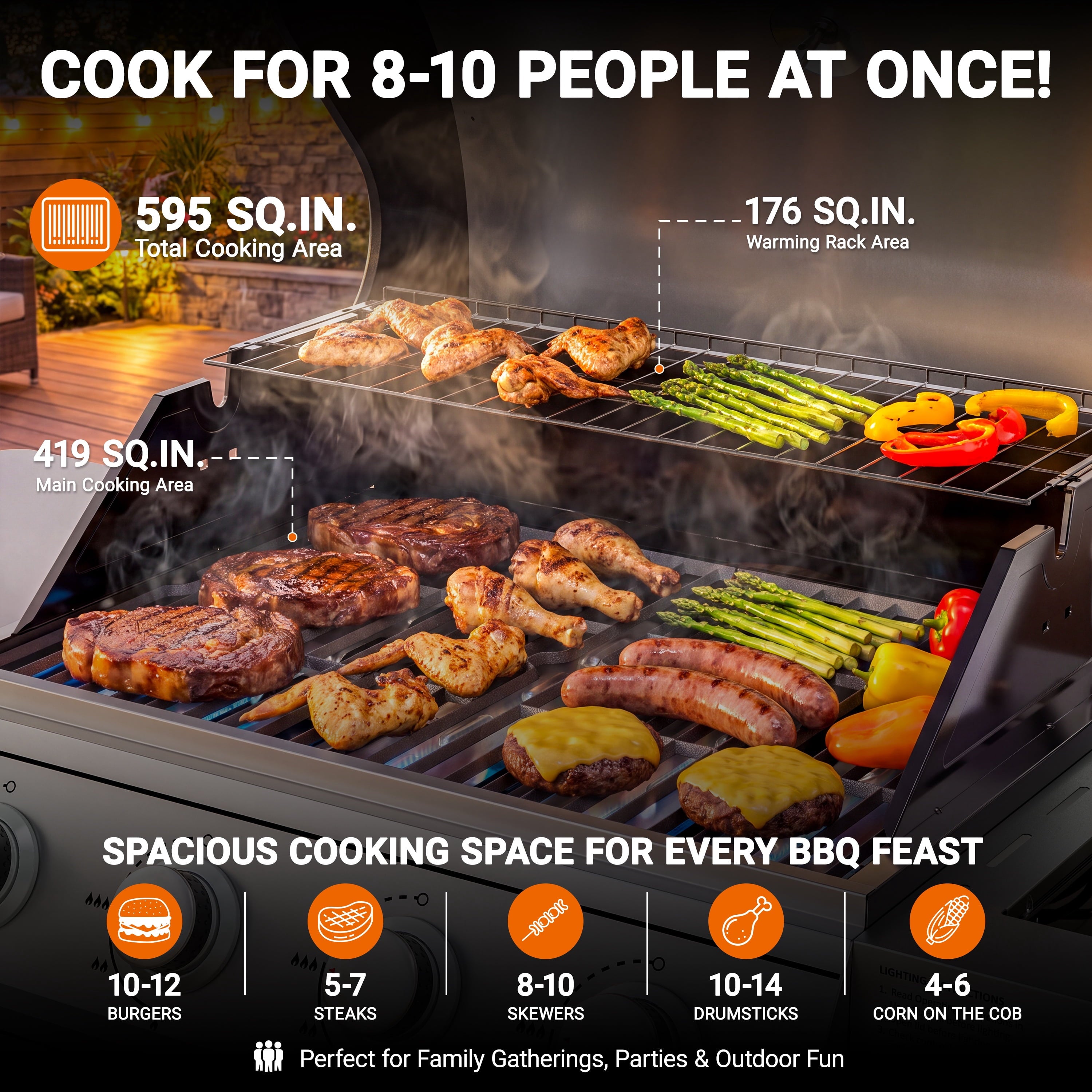 4-Burner Gas Grill with Side Burner, 51,000 BTU Propane BBQ Grill with Porcelain-Enameled Cast Iron Grates, Built-in Thermometer, Ideal for Patio Camping Outdoor Cooking Gas Grills