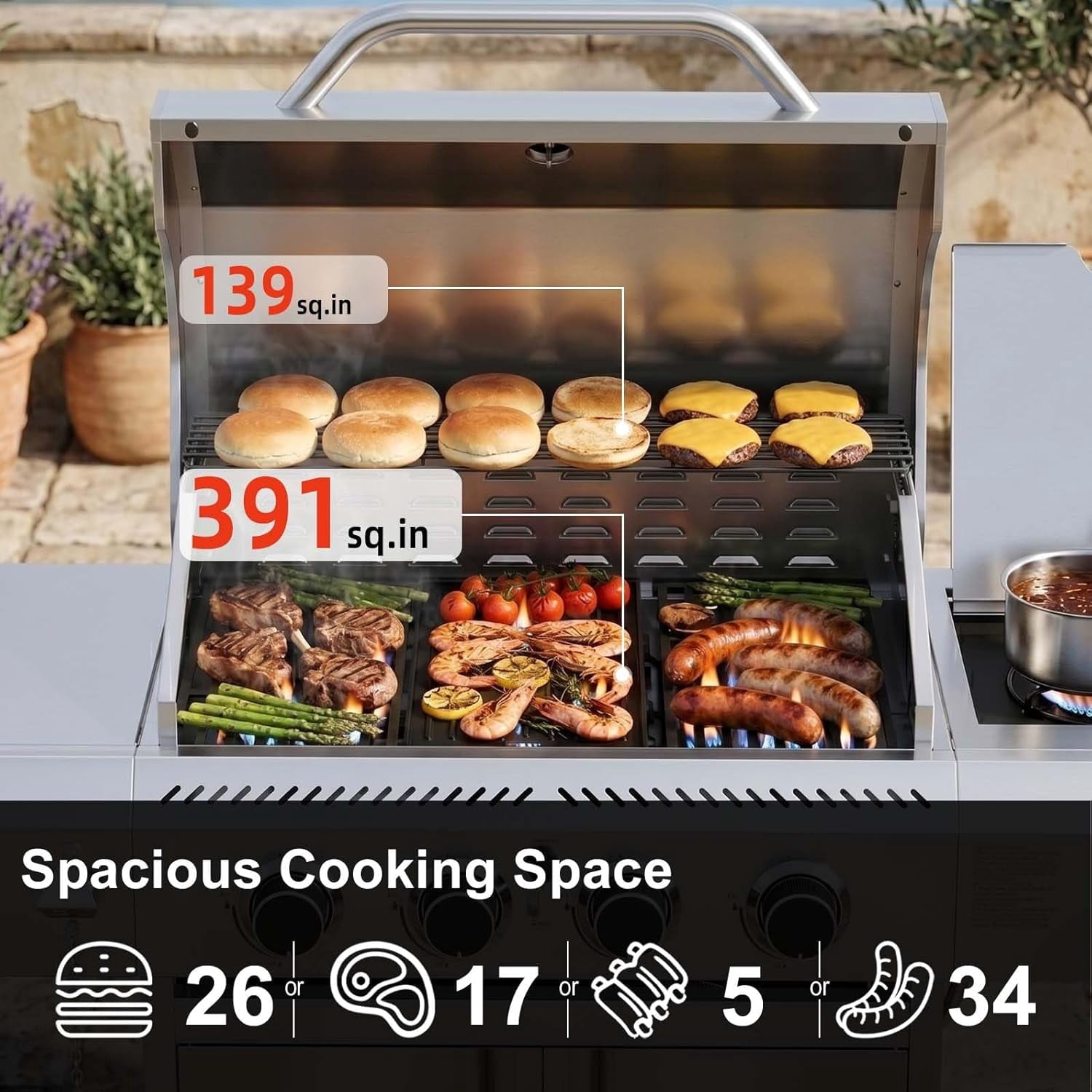 42000 BTU 4-Burner Stainless Steel Gas Grill, BBQ Grill with Side Burner & Enameled Cast Iron Grates, Pull-Out Oil Tray for Outdoor Backyard WAA