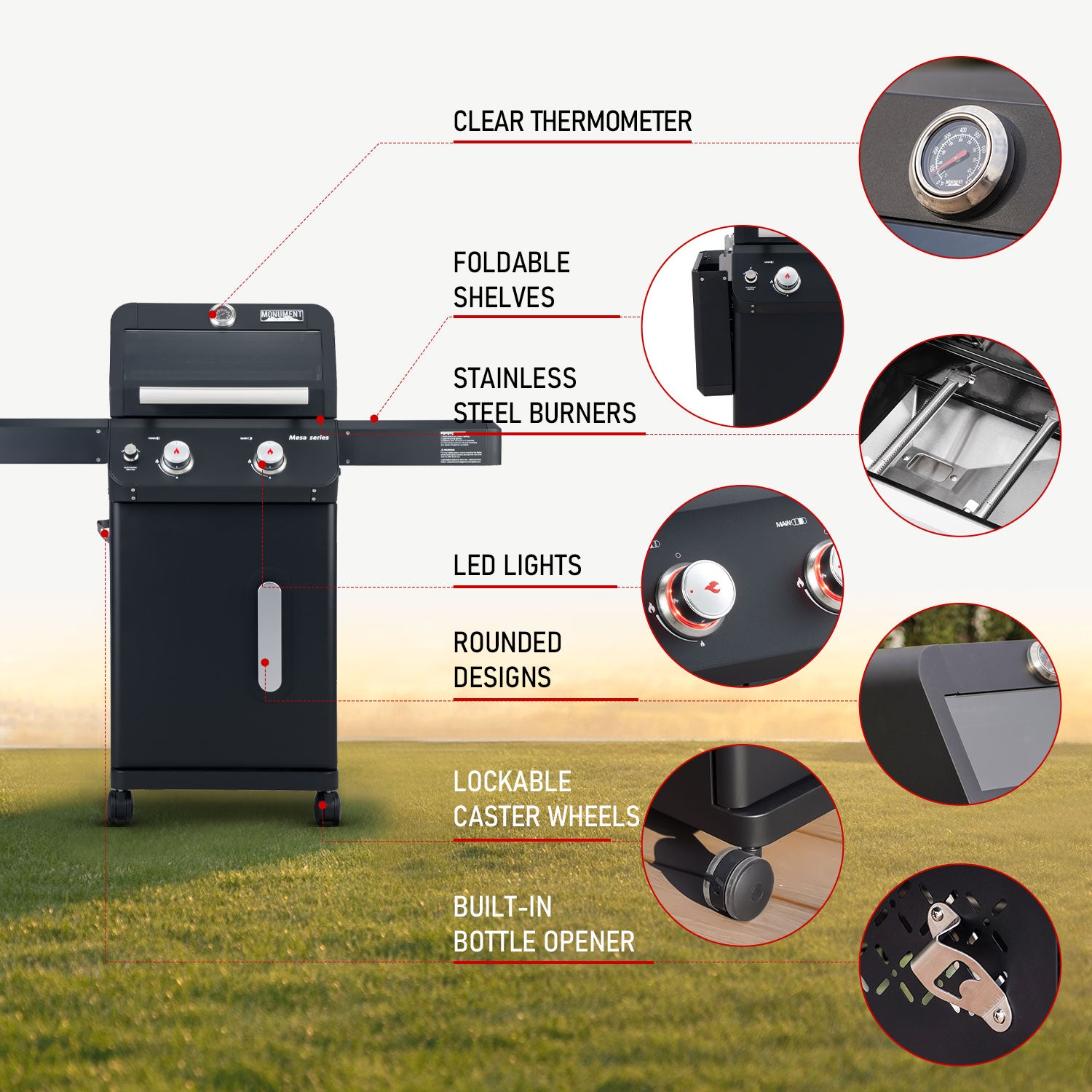 Mesa 2-Burner Propane Gas Grill in Black with Clear View Lid , LED Controls, and Grill Cover Monument Grills