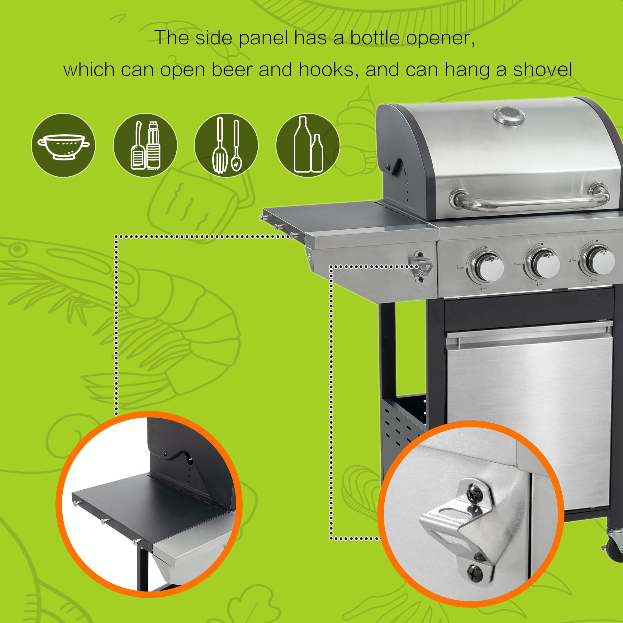 Holaki 3-Burner Propane Gas Grill with Side Burner, Stainless Steel, 37,000 BTU, Thermometer, Outdoor Bbq Grill Gas Grills