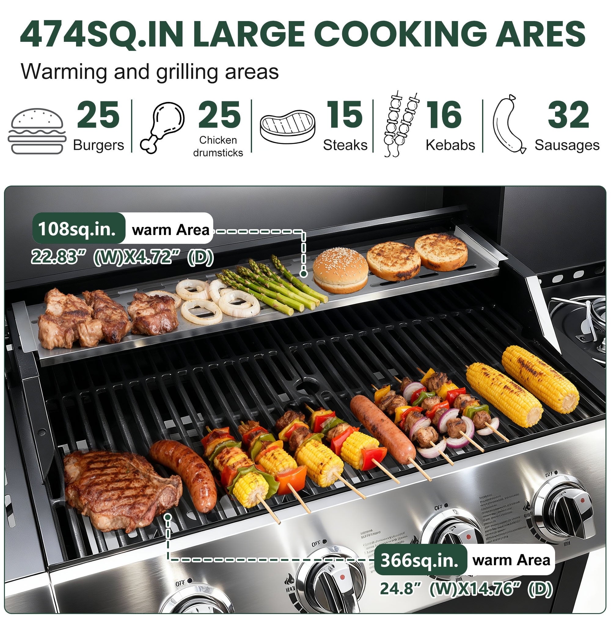 4-Burner BBQ Grill W/Side Burner, 50,000BTU Gas Propane Grill Portable with Storage Cabinet, Heavy-Duty Stainless Steel Outdoor Cooking, with Tank Hook, Towel Rack, Steel Brush Gas Grills