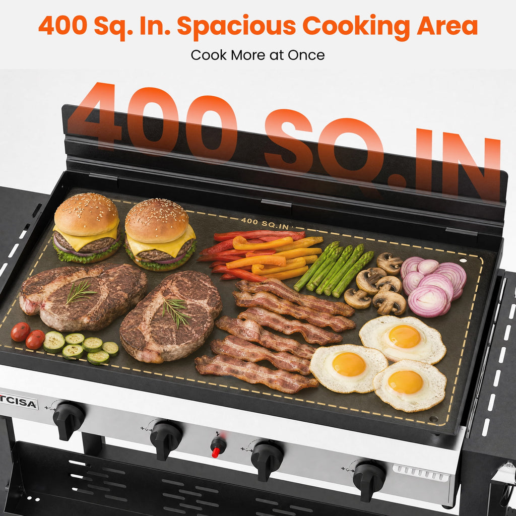 Tcisa 4 Burner Propane Gas Griddle with Standing Cart, Flat Top Grill with Hood for Camping, Tailgating, Backyard Gas Grills