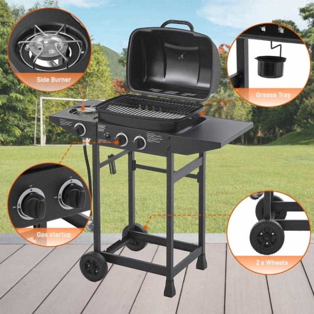 2 Burner Propane Gas Grill with Side Burner, 24000 BTU Outdoor BBQ Grill, Stainless Steel Enameled Grates, Side Tables, Wheels, 237 Sq. In. Cooking Area for Patio & Backyard Uhdpli