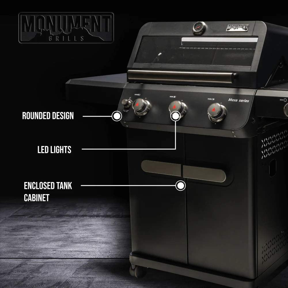 Monument Grills Mesa 3-Burner Black Propane Gas Grill with Clear View Lid and LED Controls Monument Grills