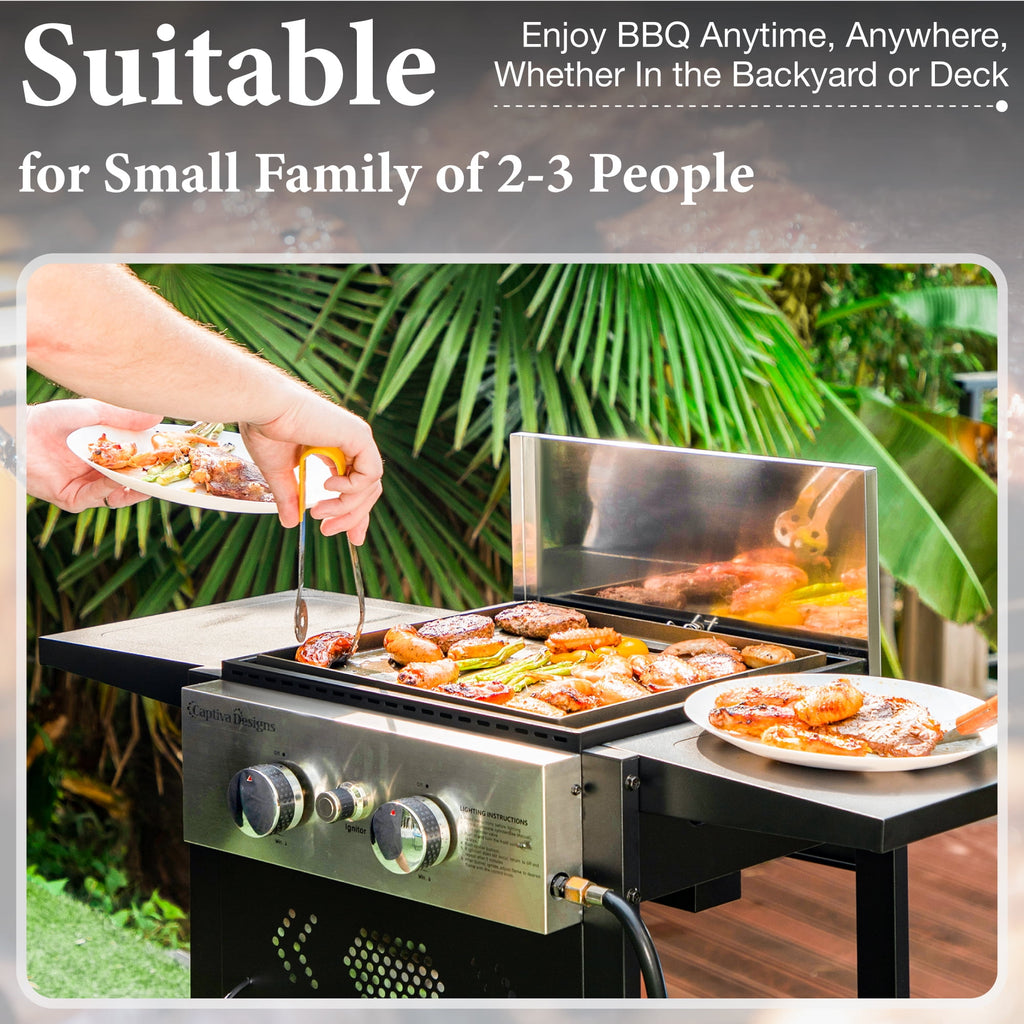 PHI VILLA 2-Burner Propane Grill and Griddle Cooking Station with Side Shelves Black Gas Grills