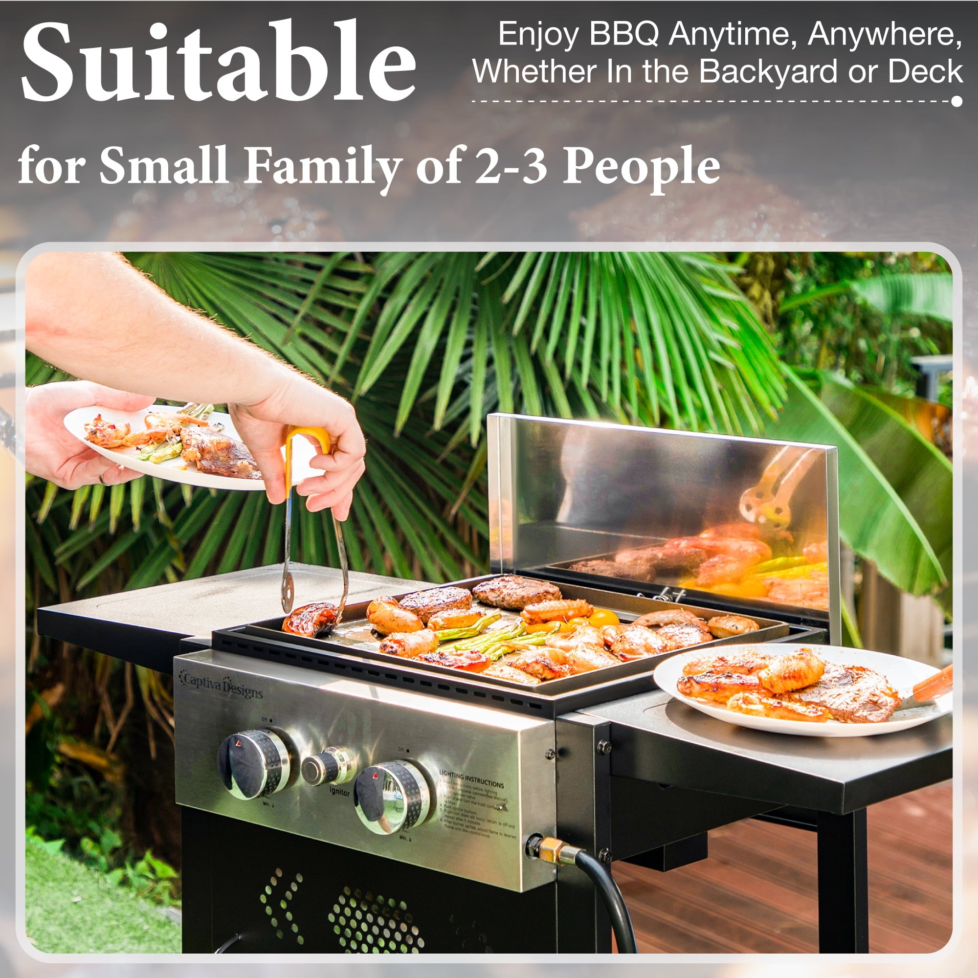 PHI VILLA 2-Burner Propane Grill and Griddle Cooking Station with Side Shelves Black Gas Grills