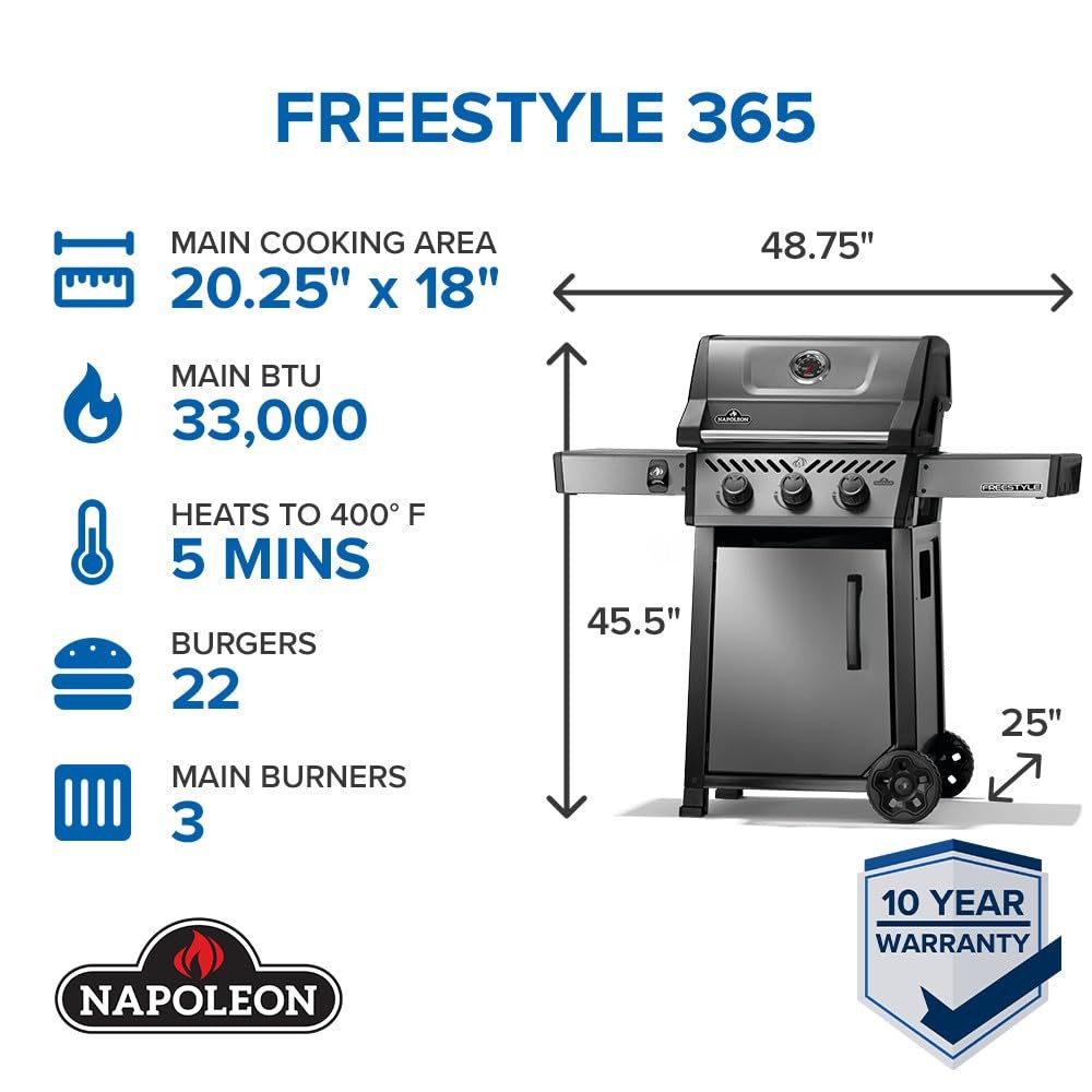 Napoleon Freestyle 365 Natural Gas Outdoor Grill, Graphite Grey  3-Burner BBQ with Stainless Steel Cooking Grates Napoleon