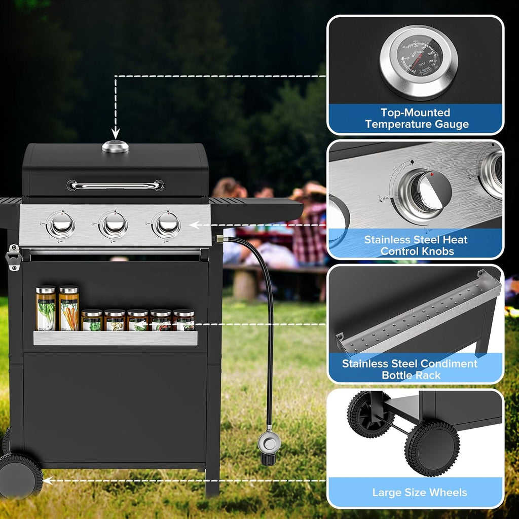 3 Burner Propane Gas Grill, Stainless Steel 36,000 BTU BBQ Grill, Built-in Lid Thermometer, Ideal for Patio Camping Backyard TPUFO
