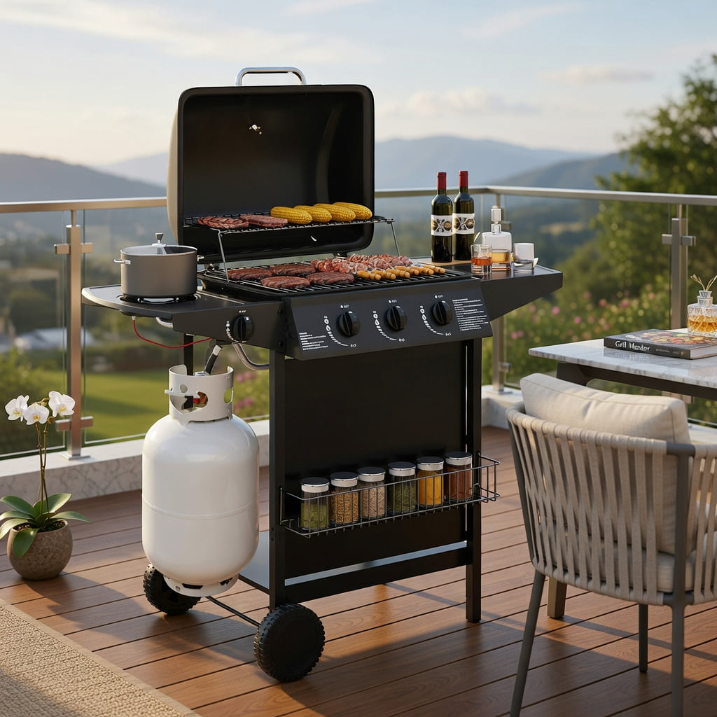 39,000 BTU Heavy-Duty Propane Gas Grill Wheels Black Stainless Steel Outdoor BBQ Grill for Patio & Backyard Kadyn