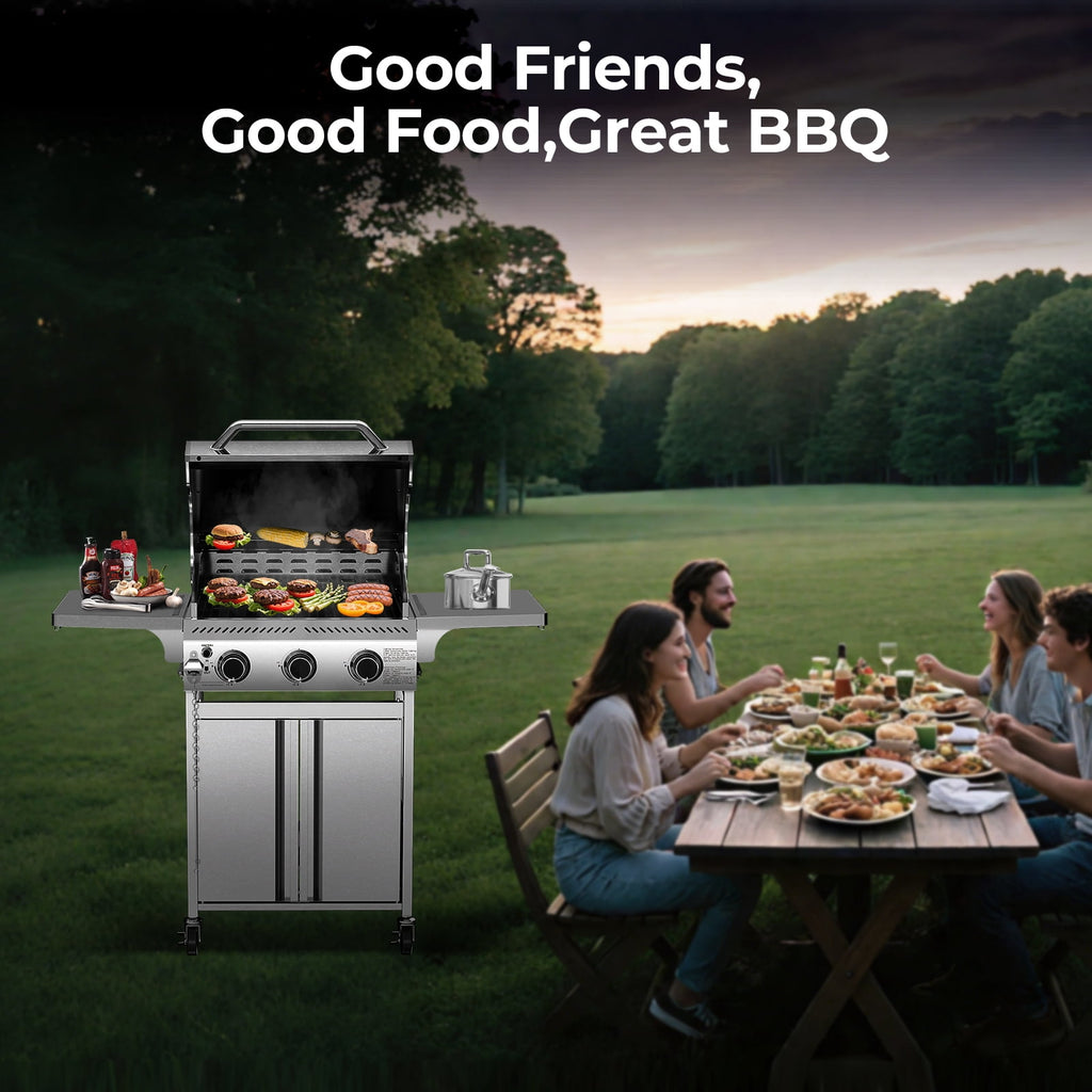 WAA 3-Burner Propane Gas Grill,24000BTU Stainless Steel BBQ with Foldable Side Tables & Durable Grates - Ideal for Outdoor Backyard/Patio Cooking My Store