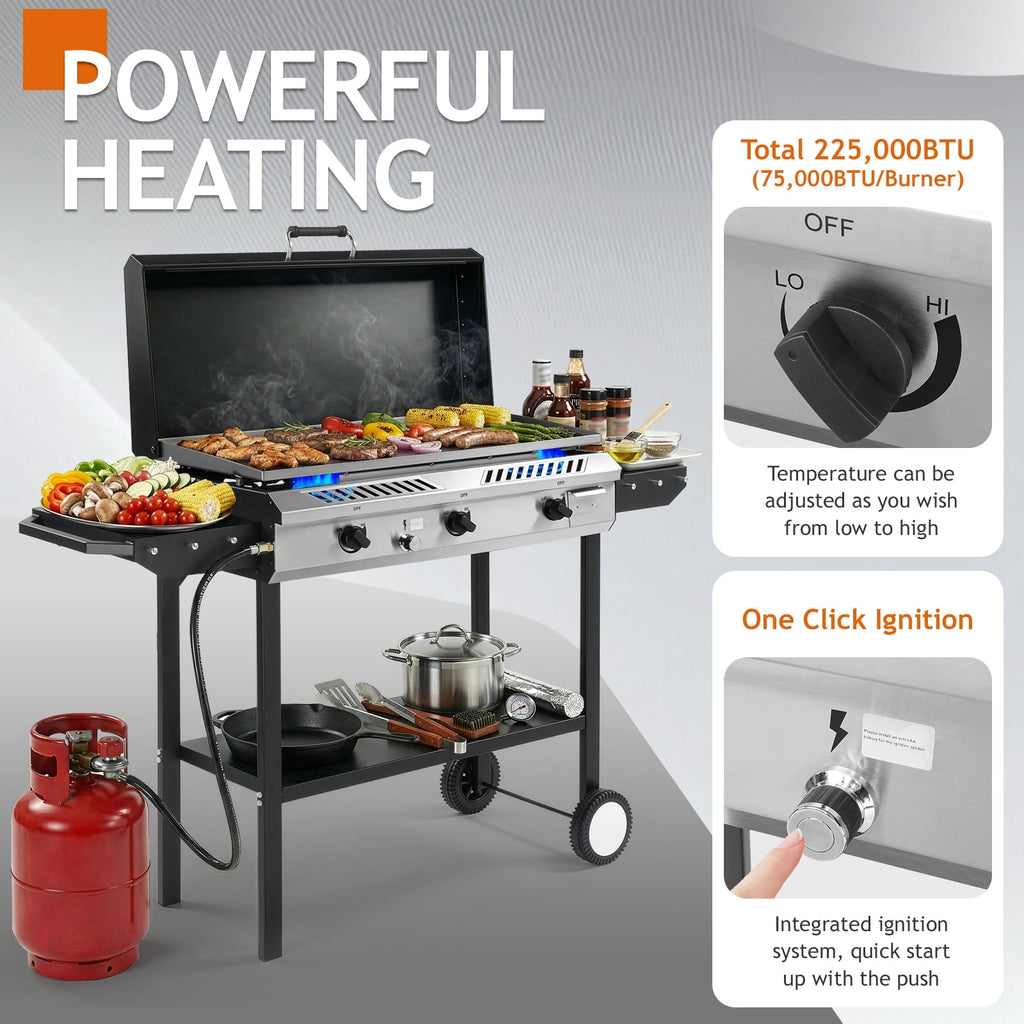 Zintown 3 Burner 225000-BTU Outdoor Stove Propane Gas Griddle with Portable Pan,Lid Zintown