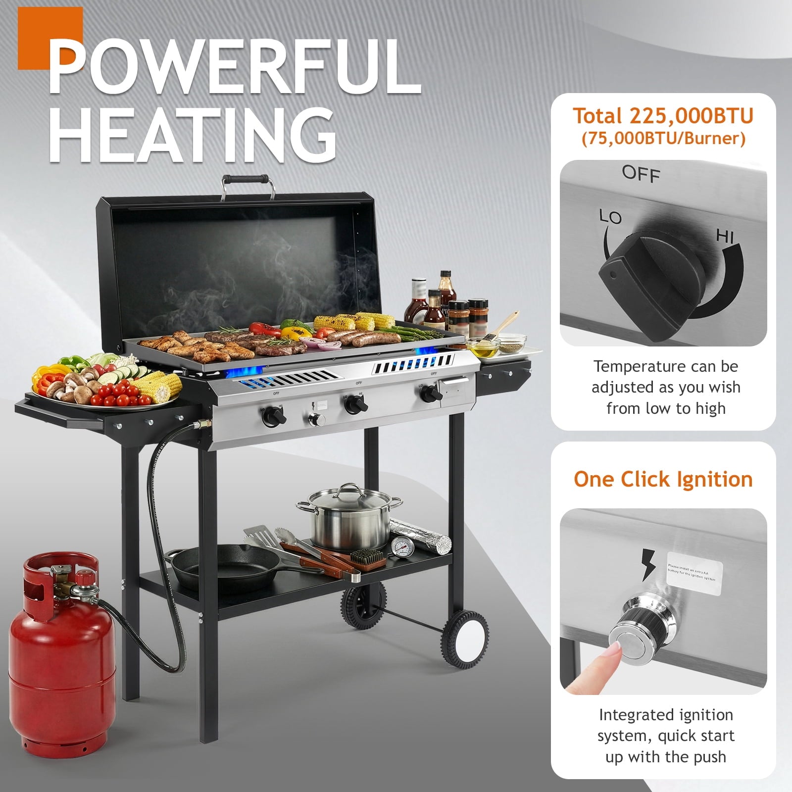 Zintown 3 Burner 225000-BTU Outdoor Stove Propane Gas Griddle with Portable Pan,Lid Zintown