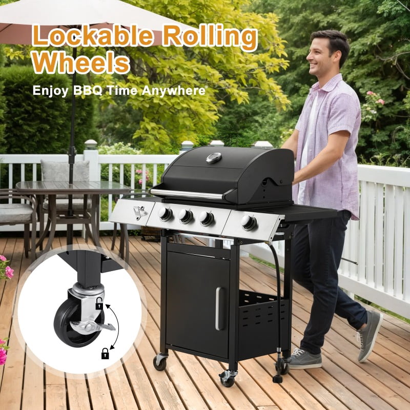 43.3x43.3 Large Cooking Area 3-Burner Grill - Side Burner, Cast Iron Grates, 36, 000 BTU Output, Lockable Wheels, Black Camping Grill for Outdoor Barbeque U-HOMY