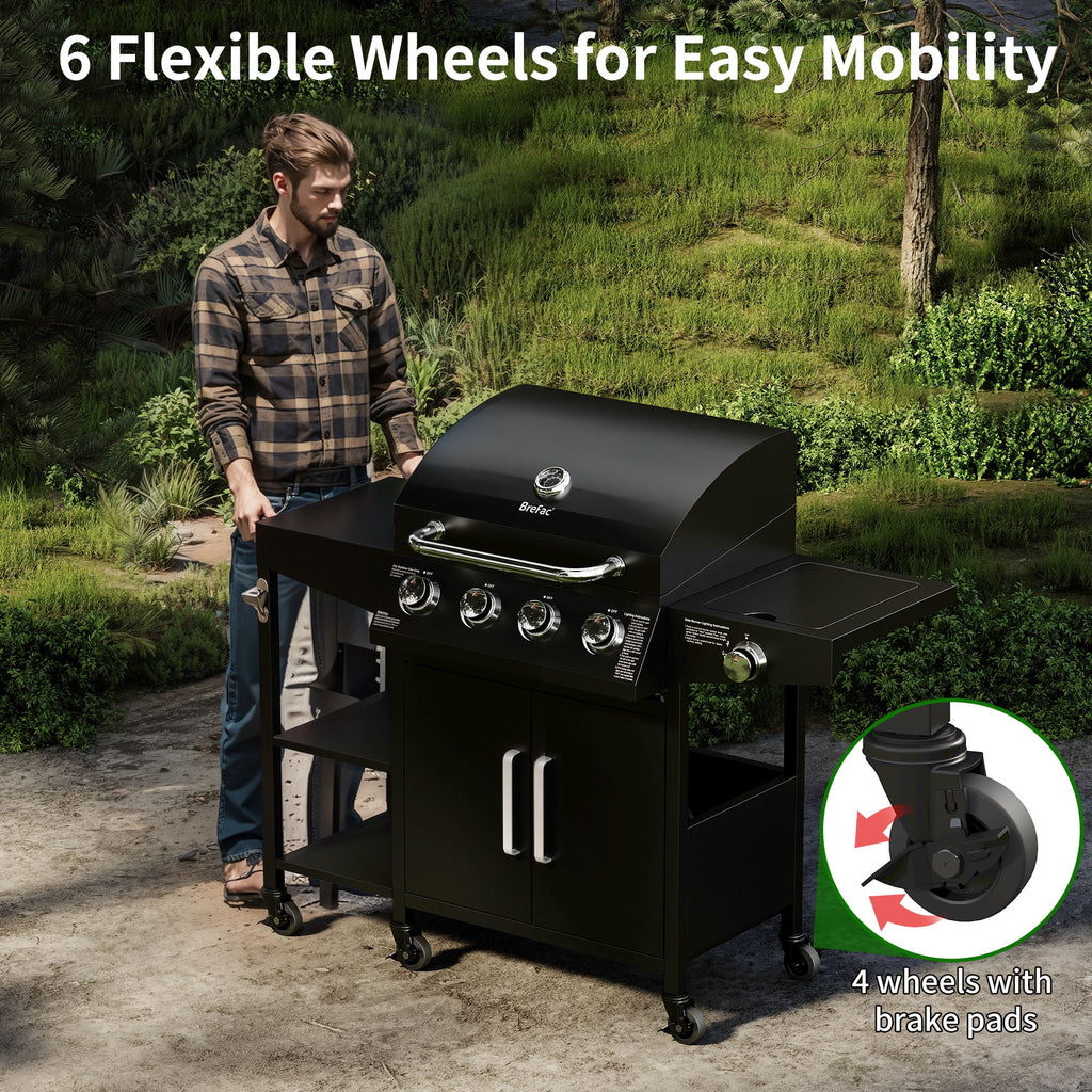 4 Burner Propane Gas Grill with 3 Tier Shelf, 50000 BTU Outdoor Cooking Stainless Steel BBQ Grills Cabinet,Can be Placed Smoke Box，Black Tcisa