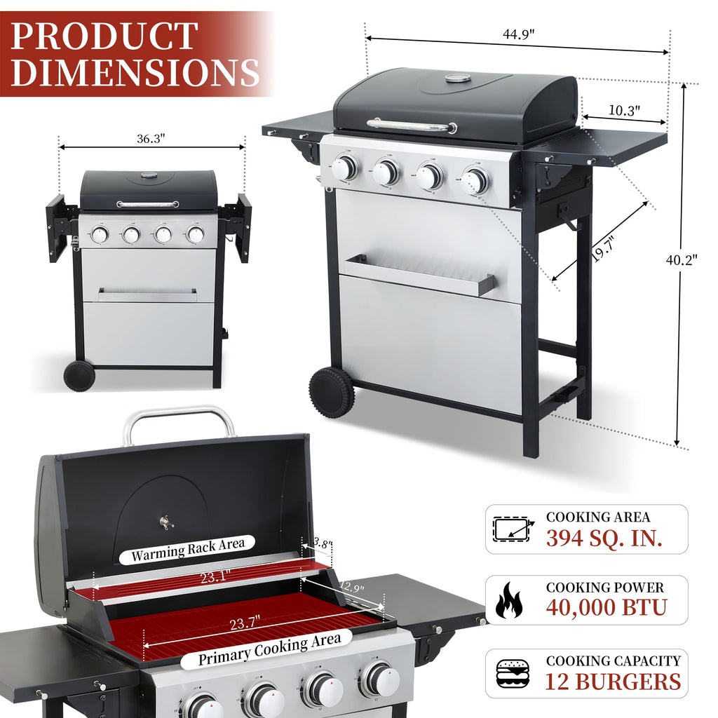 CIG GARDEN 4-Burner Propane Gas Grill with Folding Side Tables, Full-Size Grease Tray, and Removable Grease Cup CIG GARDEN