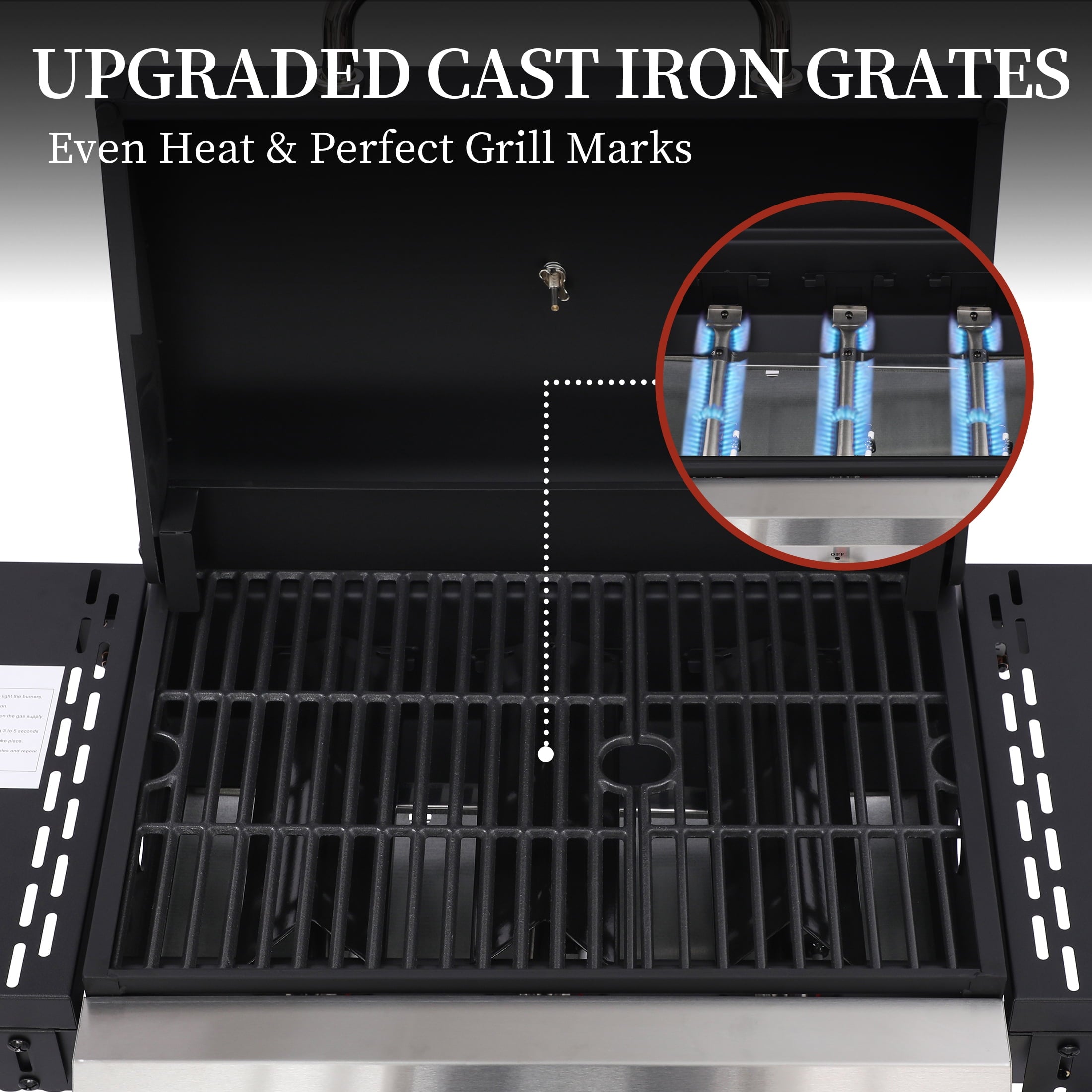 CIG GARDEN 3-Burner Propane Gas Grill with Folding Side Tables, Cast Iron Grates, and Stainless Steel Grill Pan CIG GARDEN