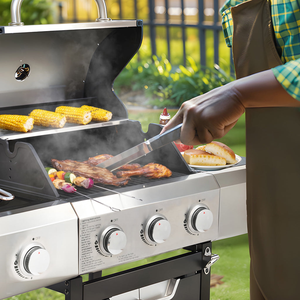 Syngar 3-Burner Propane Gas Grill with Side Burner, 40,500 BTU Outdoor BBQ Grill with 287 sq.in. Main Cooking Area, Stainless Steel Construction, Side Shelf, Ideal for Patio, Backyard, Garden Gas Grills