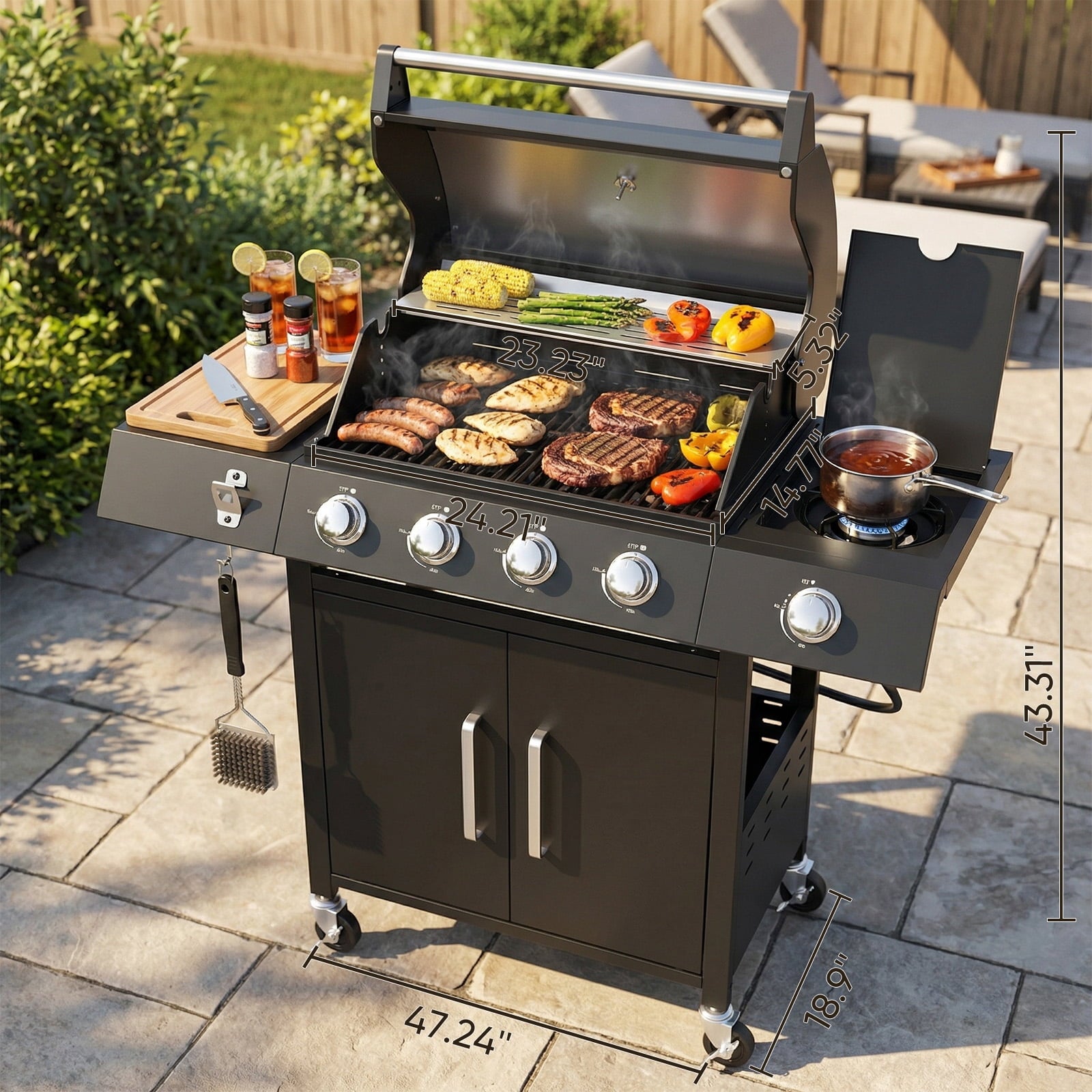 TABU 4-Burner Propane Gas Grill with Side Burner, 58,000 BTU Propane BBQ Grill with Storage Cabinet, Ideal for Outdoor Cooking TABU