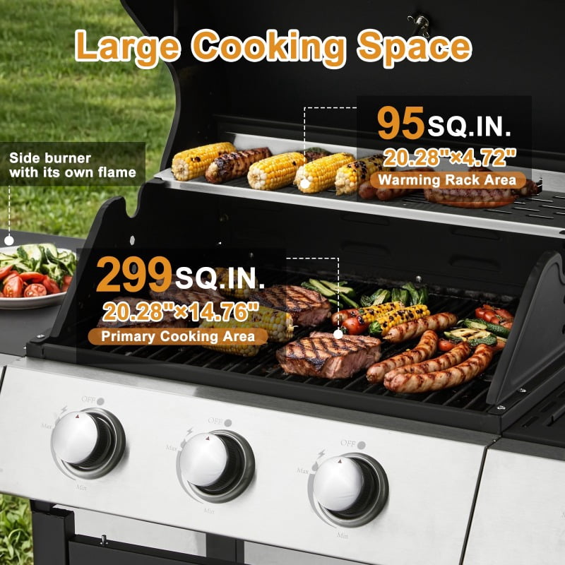 43.3x43.3 Large Cooking Area 3-Burner Grill - Side Burner, Cast Iron Grates, 36, 000 BTU Output, Lockable Wheels, Black Camping Grill for Outdoor Barbeque U-HOMY