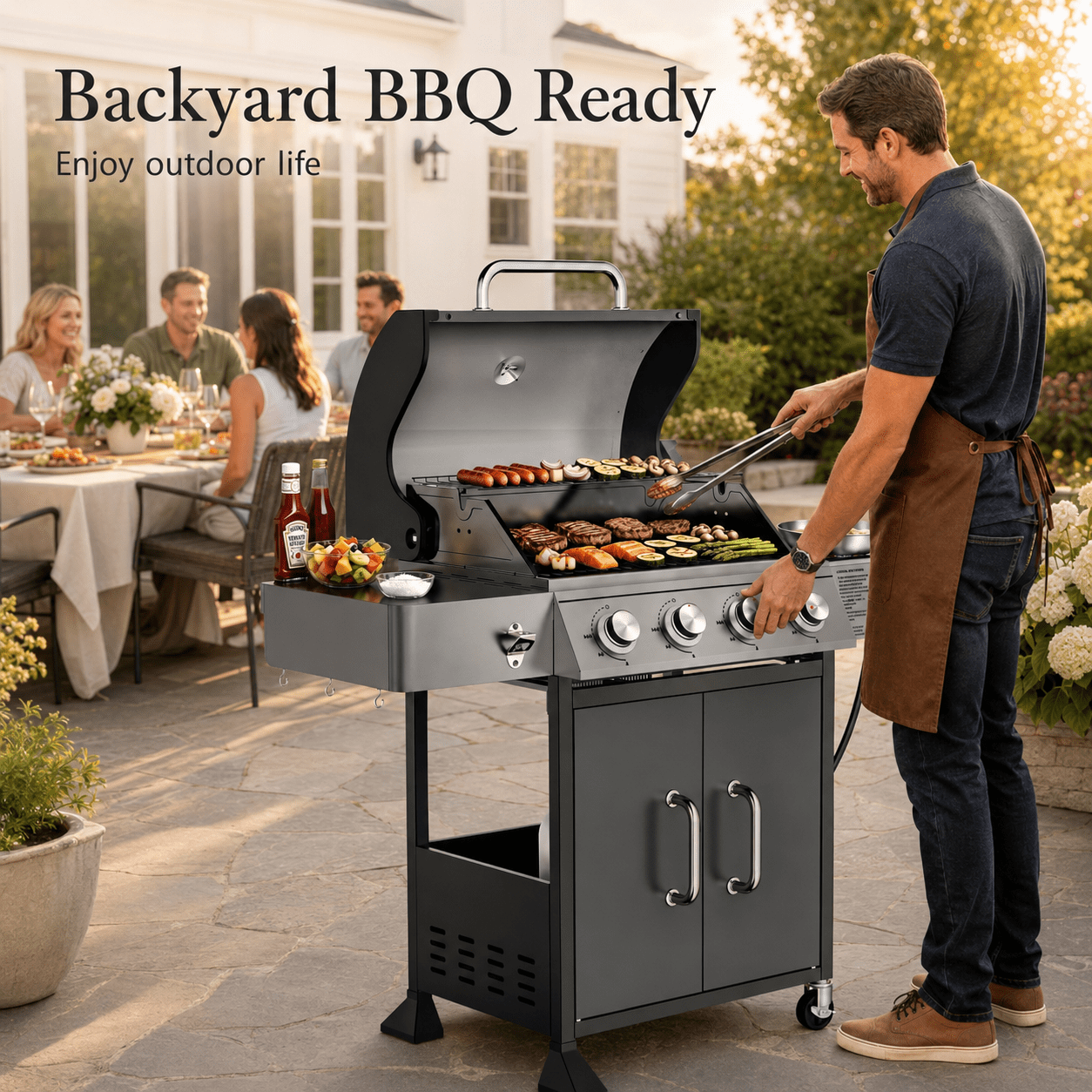 4-Burner Propane Gas Grill with Side Burner, 51,000 BTU Outdoor BBQ Grill with Porcelain-Enameled Grates, Warming Rack, Side Tables, Bottle Opener, Thermometer and Wheels for Patio Backyard Cooking Gas Grills